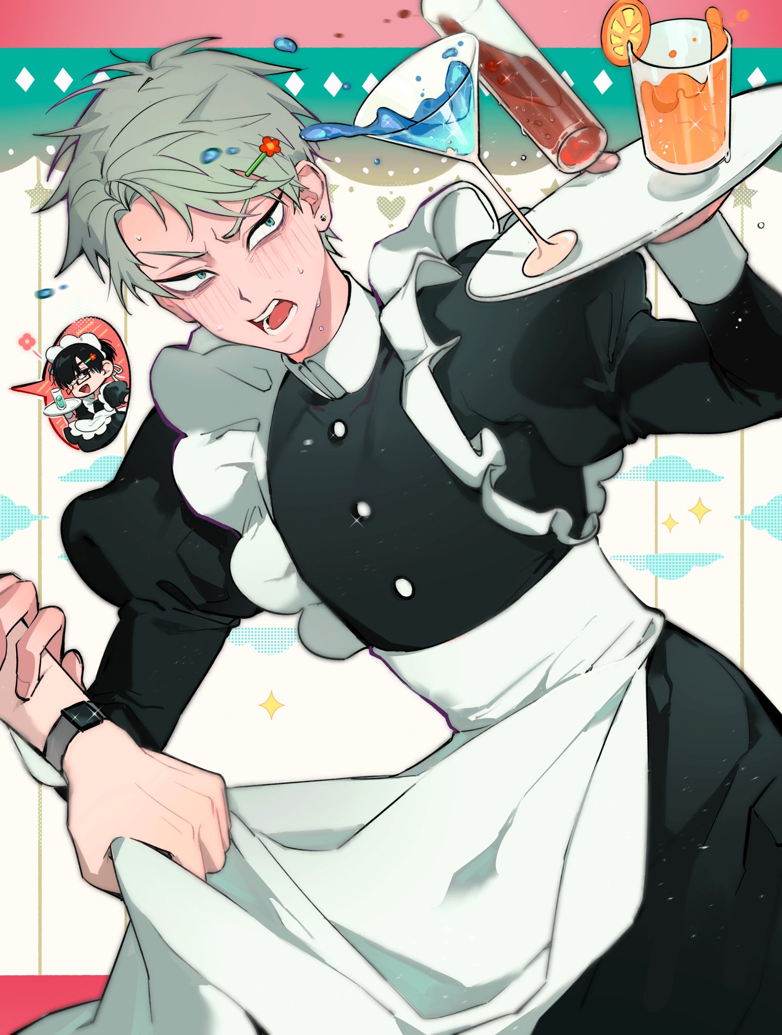 an animestyle male maid is carrying a tray with two drinks, a cocktail and a glass of orange juice. he's looking at the viewer with a happy, wideeyed smile as he struggles to keep the tray balanced. he's wearing a black maid outfit and a white apron, and his hair is styled in a way that seems to indicate he's a bit of a goofball. the background is filled with colorful geometric shapes and patterns, adding to the fun and lighthearted atmosphere.