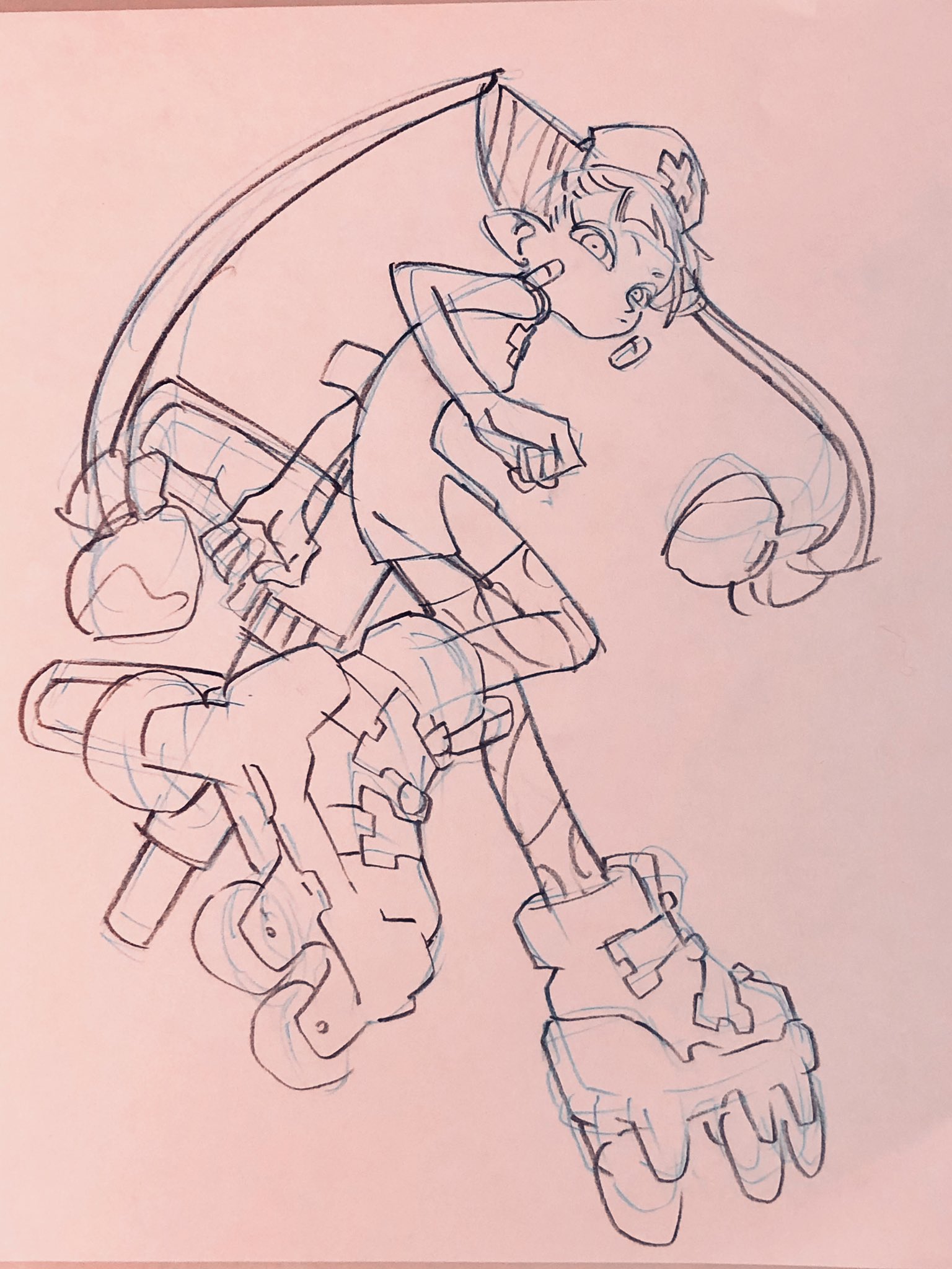 a dynamic sketch of a stylish character on roller skates, drawn with blue pencil on light pink paper.  the character is caught midmotion, leaning into a turn with a determined expression. the roller skates are  detailed and futuristic in design.  the overall aesthetic leans towards anime or manga.