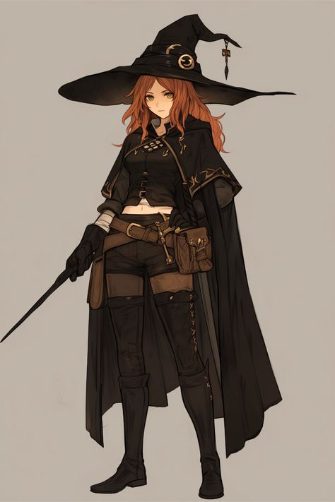 a young woman is depicted in the style of a fantasy character illustration. she is dressed in the attire of a witch, complete with a widebrimmed hat, flowing cape, and thighhigh boots. she holds a thin staff or wand in her right hand. her attire is predominantly black and brown, featuring intricate details and a mix of textures. her long, reddishbrown hair cascades down her back, and she has a determined expression on her face. the background is a plain, light gray, drawing focus to the character.