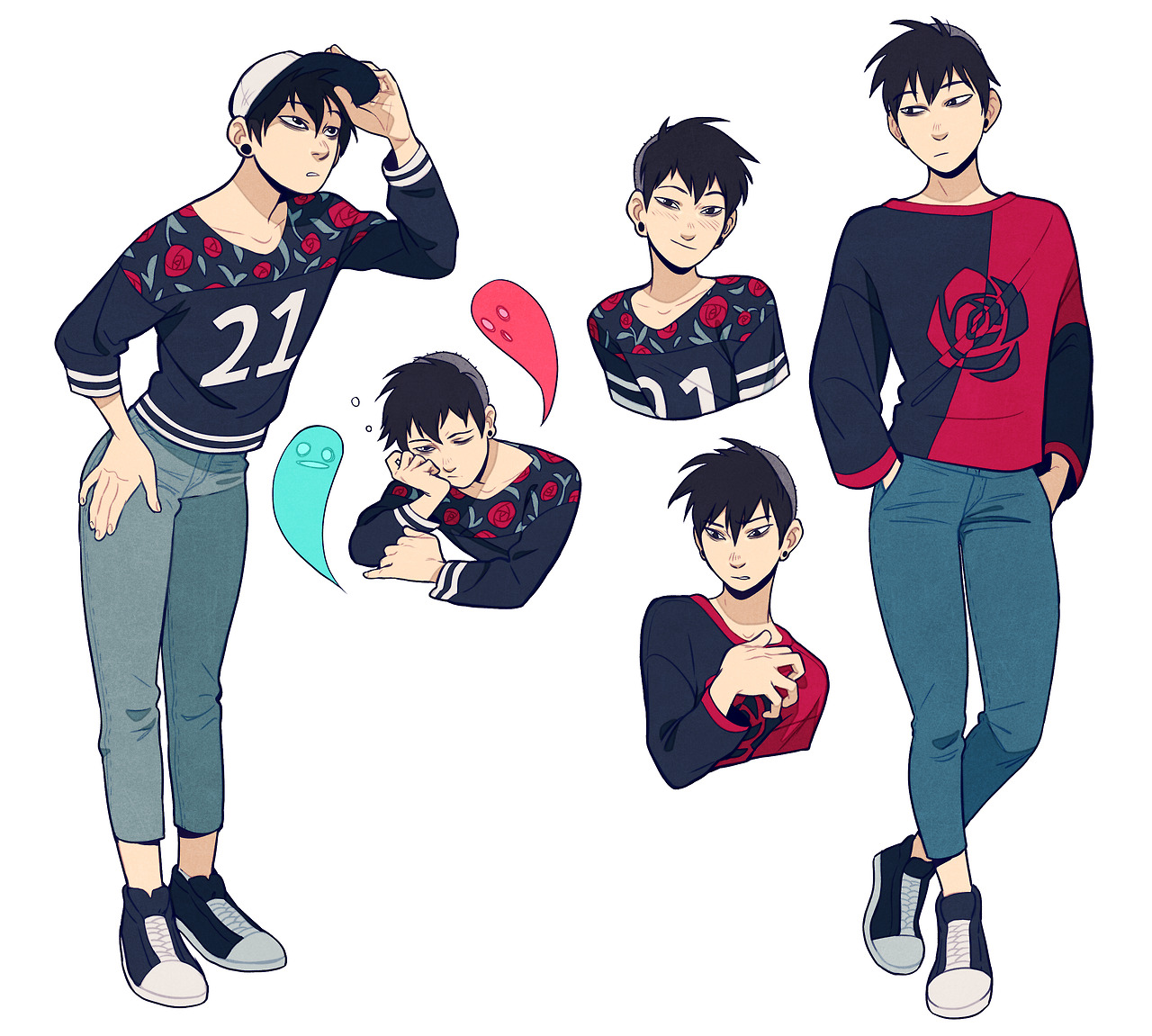 a digital illustration of a young man with black hair and brown eyes in various poses and expressions. he is wearing different versions of a black and red sweater with a rose design and gray jeans. the background is plain white.