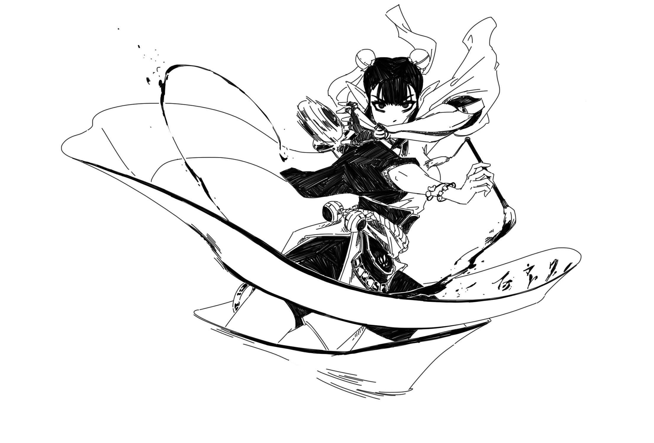 the image is a dynamic black and white illustration of an animestyle female warrior in action. she is depicted midmovement, with flowing clothing and hair, wielding a brush or weapon that appears to be creating ink strokes around her. the style is reminiscent of both manga and traditional ink painting, with a strong emphasis on movement and energy.  her expression is serious and focused. the background is white, allowing the figure to stand out prominently. the overall impression is one of power, grace, and speed.