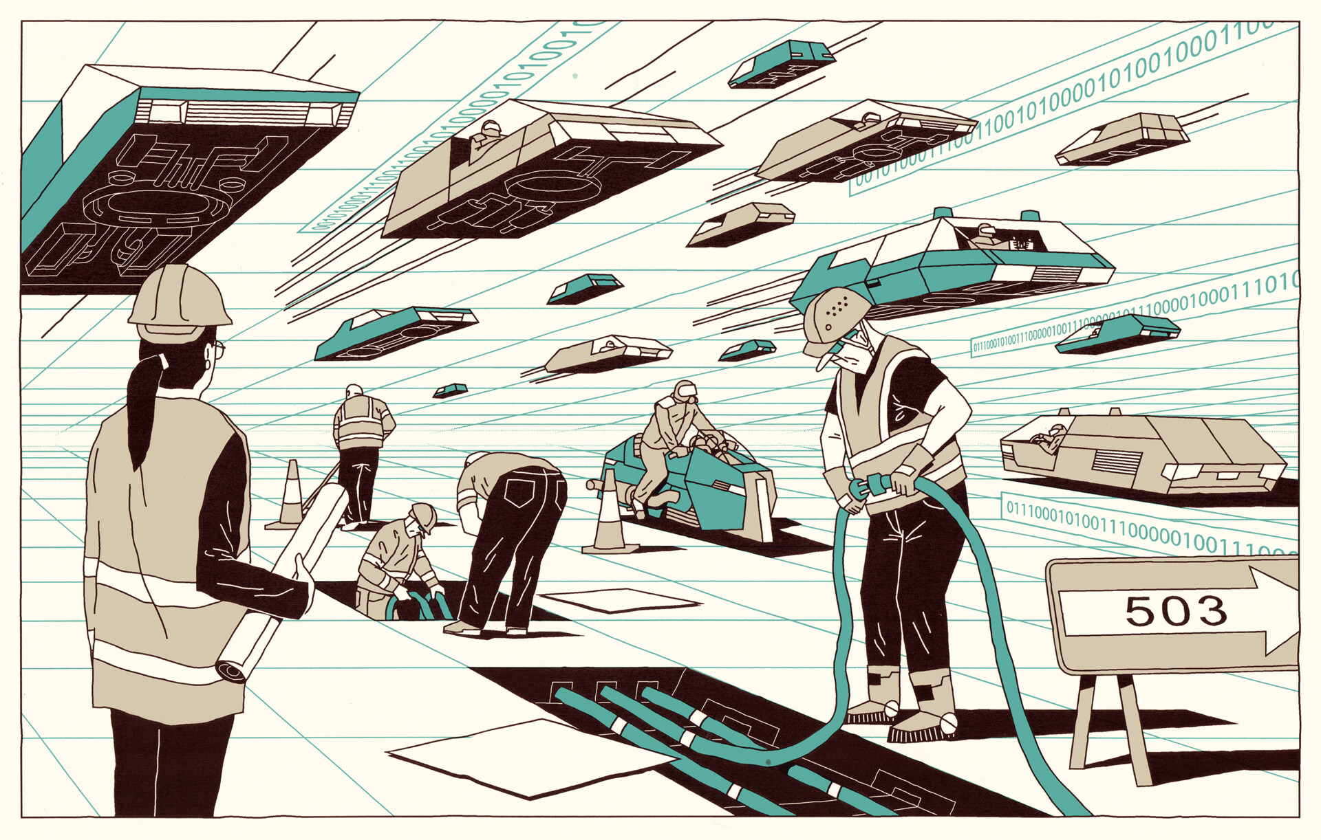 this image depicts a futuristic cityscape with flying cars and workers performing construction. the scene is set on a gridded surface with blue lines and various shades of green, brown, beige, black, and white. there are workers in yellow vests and hard hats, operating vehicles and handling tools. the flying cars are depicted in various sizes and styles. the image presents a surreal and imaginative interpretation of a future world with advanced technology.