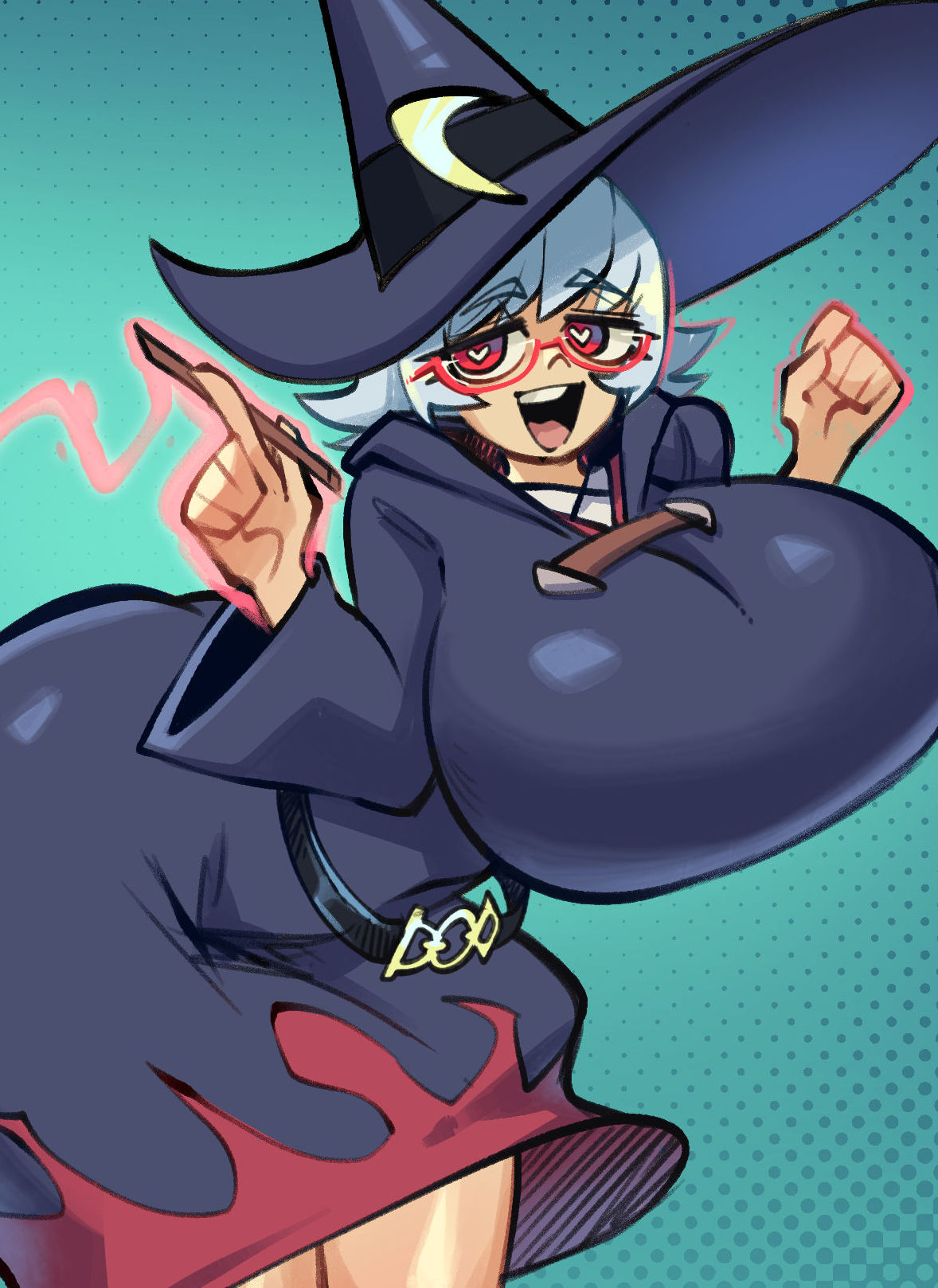 a cartoon witch with oversized purpleblue clothing, is drawing a pink magical line with a stick in her hand, she is smiling with her red glasses, and her hat has a crescent moon. she is in front of a turquoise background with dots.
