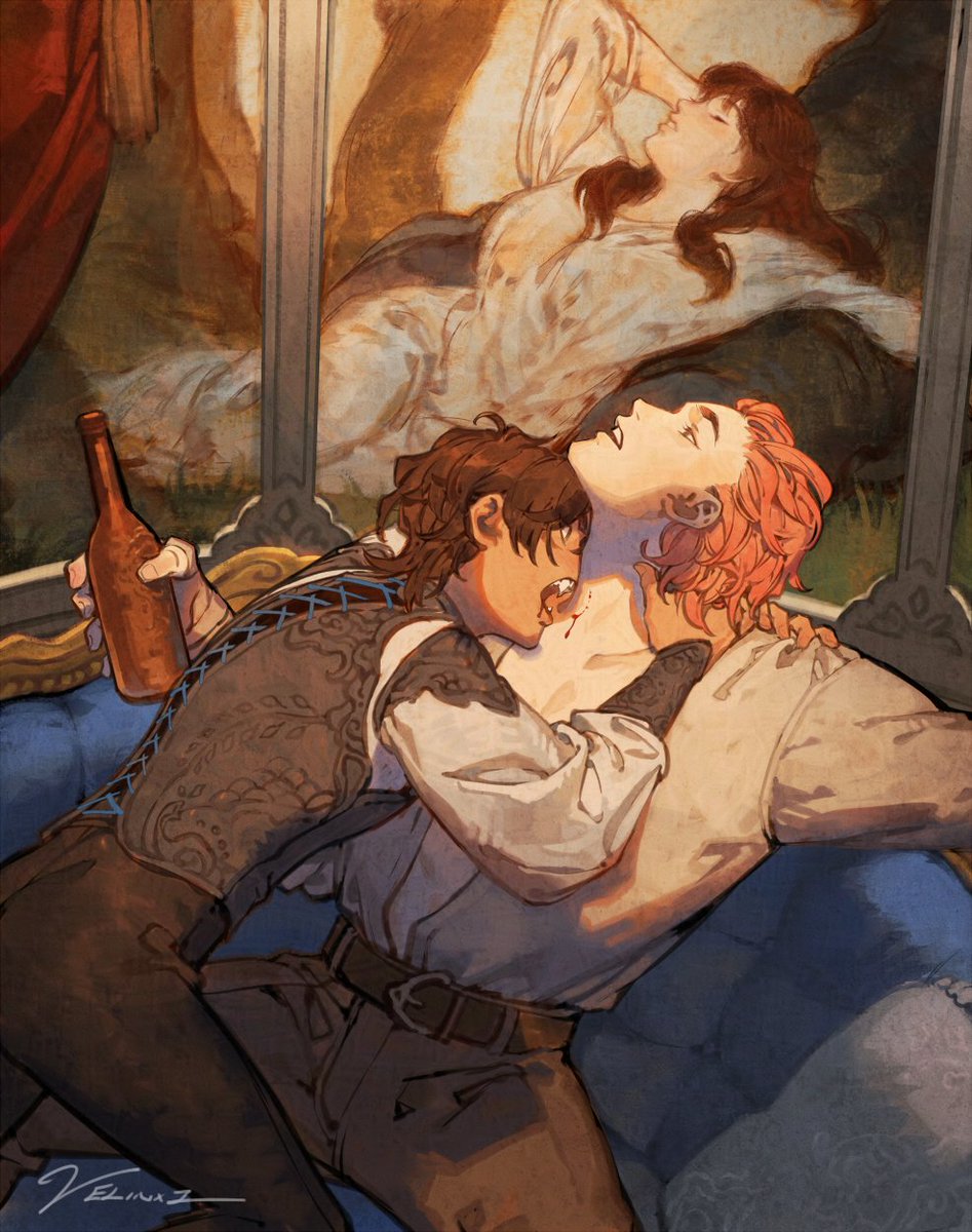 the image is an artwork depicting two men. one man with brown hair is biting the neck of another man with red hair, blood is visible on the neck. the man with brown hair is holding a wine bottle in his hand. they are sitting on a blue sofa. in the background, there is a portrait of a woman lying down.
