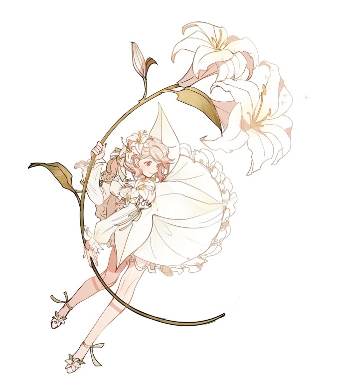 the image showcases a delicate, ethereal fairy girl gracefully posed with a giant white lily. she is adorned in a flowing white dress that resembles flower petals, emphasizing the magical, whimsical ambiance. the soft lighting and subtle low angle further enhance the image's charm.