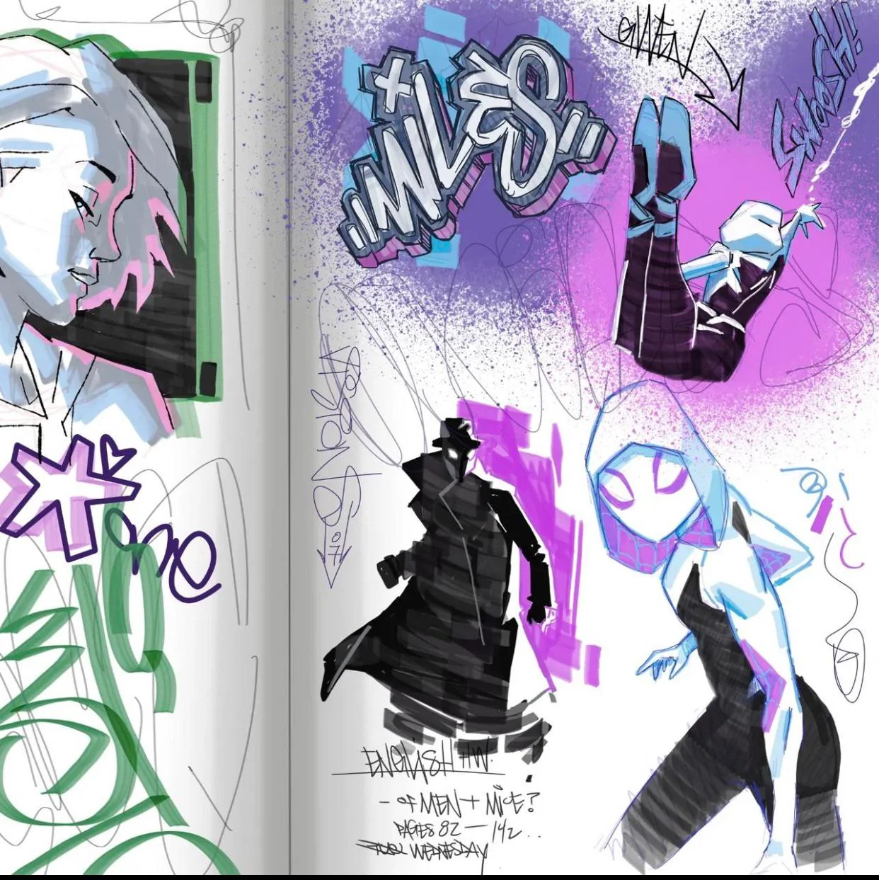 the image is a sketchbook page with four sketches. on the left page is a side profile of a person. on the right page are three sketches of spiderman characters. from top to bottom, the characters are spidergwen hanging upside down, spiderman noir, and spidergwen standing. the sketches are done in a loose, expressive style, with bold lines and bright colors.  the background is white, with some black and gray tones. the sketches are surrounded by graffitilike scribbles.