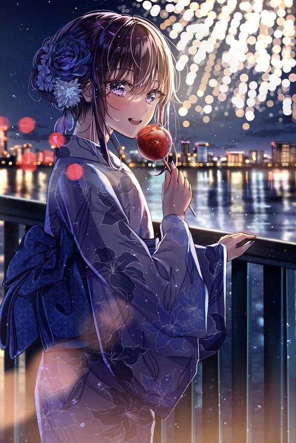 the image is a digital painting or illustration of an anime girl in a beautiful yukata (a japanese summer garment) standing at a railing overlooking a city at night. fireworks are going off in the background, creating a magical and romantic atmosphere. the girl is holding a candy apple and looks happy and content. her yukata is decorated with flowers and has a purple and blue color scheme. the overall style is very detailed and vibrant, with soft lighting and beautiful colors.