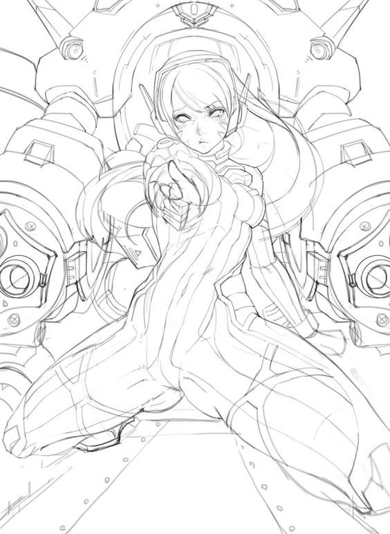 the image is a black and white sketch of a female character in a mecha cockpit. the character is drawn in an anime/manga style and is wearing a skintight suit. she is pointing directly at the viewer with a serious expression. the perspective is from a low angle, making the character appear large and imposing. the mecha cockpit is detailed with mechanical components, suggesting a futuristic setting.