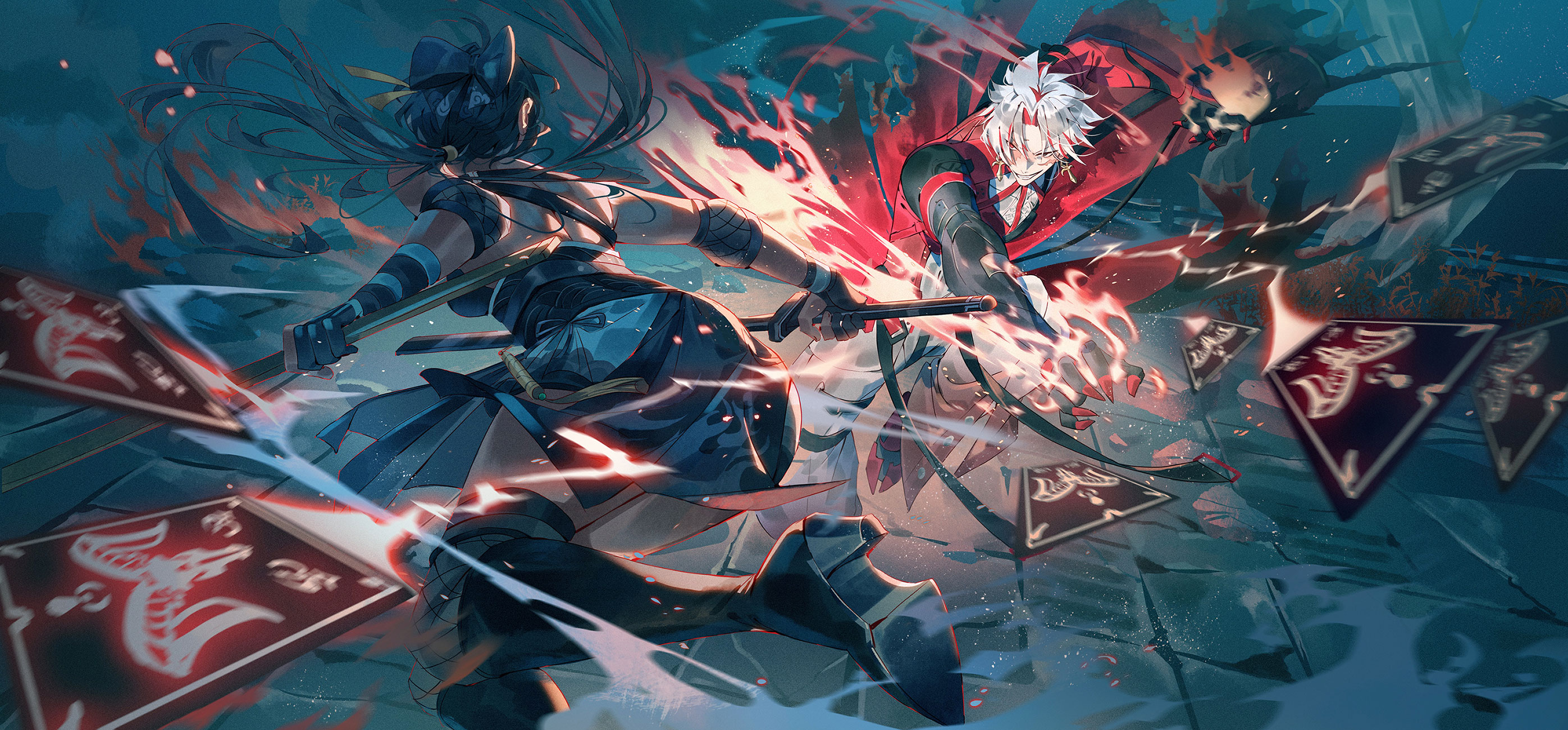this anime illustration showcases a fierce battle between two characters. the female character, clad in a dark blue and black attire, swings a sword with firered flames. her opponent, a man with white hair and a red coat, retaliates with blazing red flames, striking with a powerful force. the dynamic poses and the vibrant colors create a captivating visual, immersing the viewer in the heart of the action. the background is a blend of dark blue and gray, highlighting the intensity of the clash. this image is an example of dynamic action and character designs that are characteristic of anime art style.