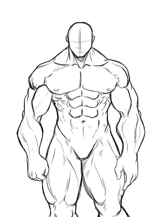 the image is a black and white sketch of an extremely muscular male figure. the drawing emphasizes the musculature of the man, particularly in the chest, arms, and legs. the head is a simple oval shape with no facial features, allowing focus to remain on the physique. the figure is standing with his fists clenched and his legs slightly apart, conveying a sense of power and strength.