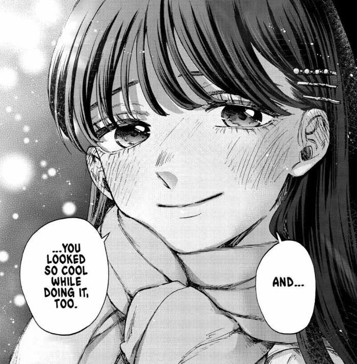 a closeup black and white illustration of a young woman's face. she has long dark hair with bangs, and is wearing a scarf. she is smiling shyly and blushing, and there are sparkles around her. a speech bubble next to her says, "...you looked so cool while doing it, too." another speech bubble says "and...". the style is reminiscent of manga or anime.