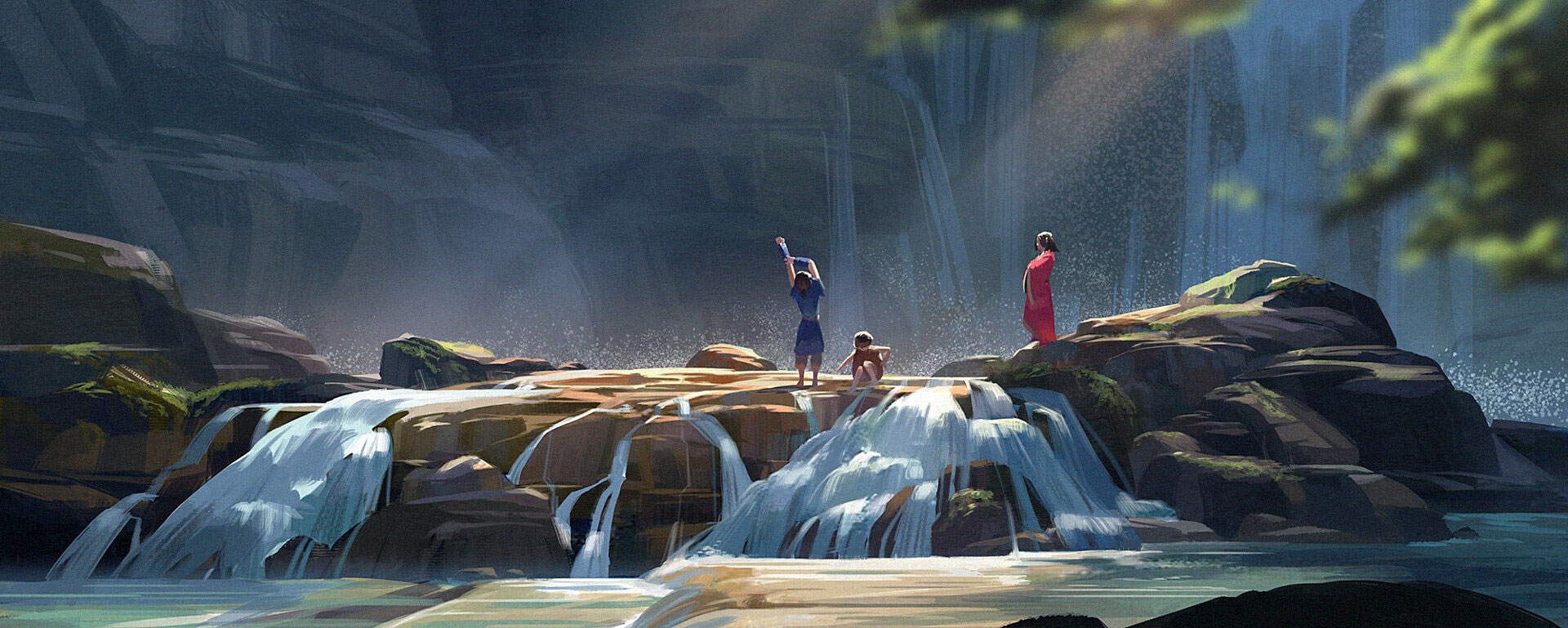 this image is a beautiful, almost dreamlike depiction of a waterfall in a forest. the water flows over the rocks, creating a cascade of white and blue. the forest is lush and green, and the air is filled with mist. the scene is serene and peaceful, and it evokes a sense of wonder and awe.