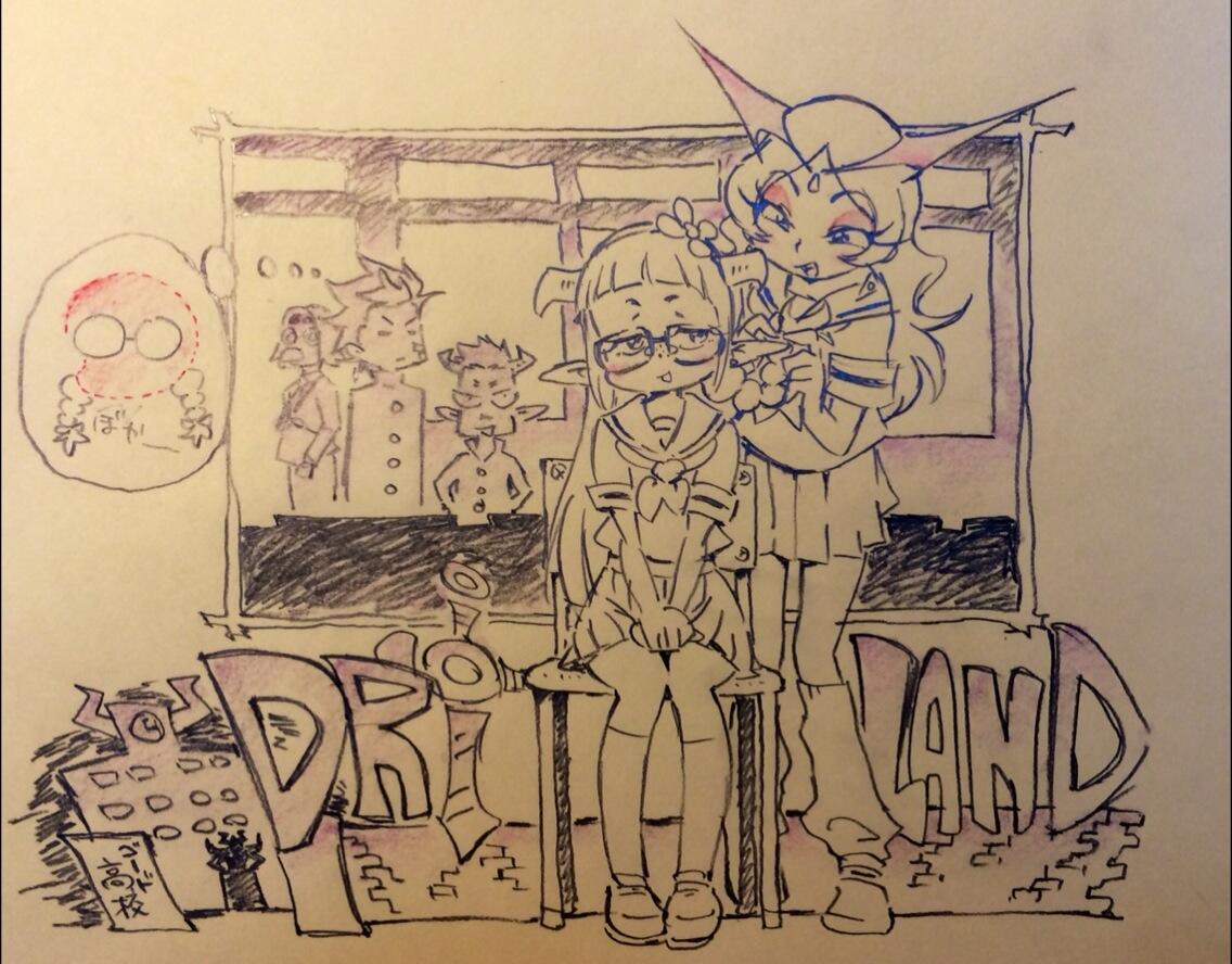 the image is a black and white sketch with hints of color, likely done in pencil and colored pencils. it depicts a scene with four stylized characters, seemingly in a classroom setting.  the central focus is on two girls. one with large horns and pointy ears is styling the other girl's hair into braids.  the girl getting her hair done wears glasses and a concerned expression.  in the background, two figures (one male, one obscured) observe the scene from a doorway, seemingly gossiping. japanese text is present in speech bubbles and as graffitilike elements, suggesting the image's origin or influence.   the word "drinkland" is prominently written in a graffiti style, hinting at a possible title or setting related to the characters.