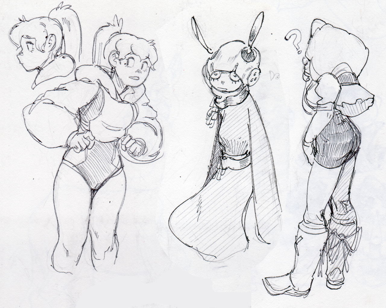 a pencil drawing of four different anime girl characters.  the girls are drawn in a variety of poses and outfits. the drawing is simple but expressive, and it captures the unique personalities of each character.