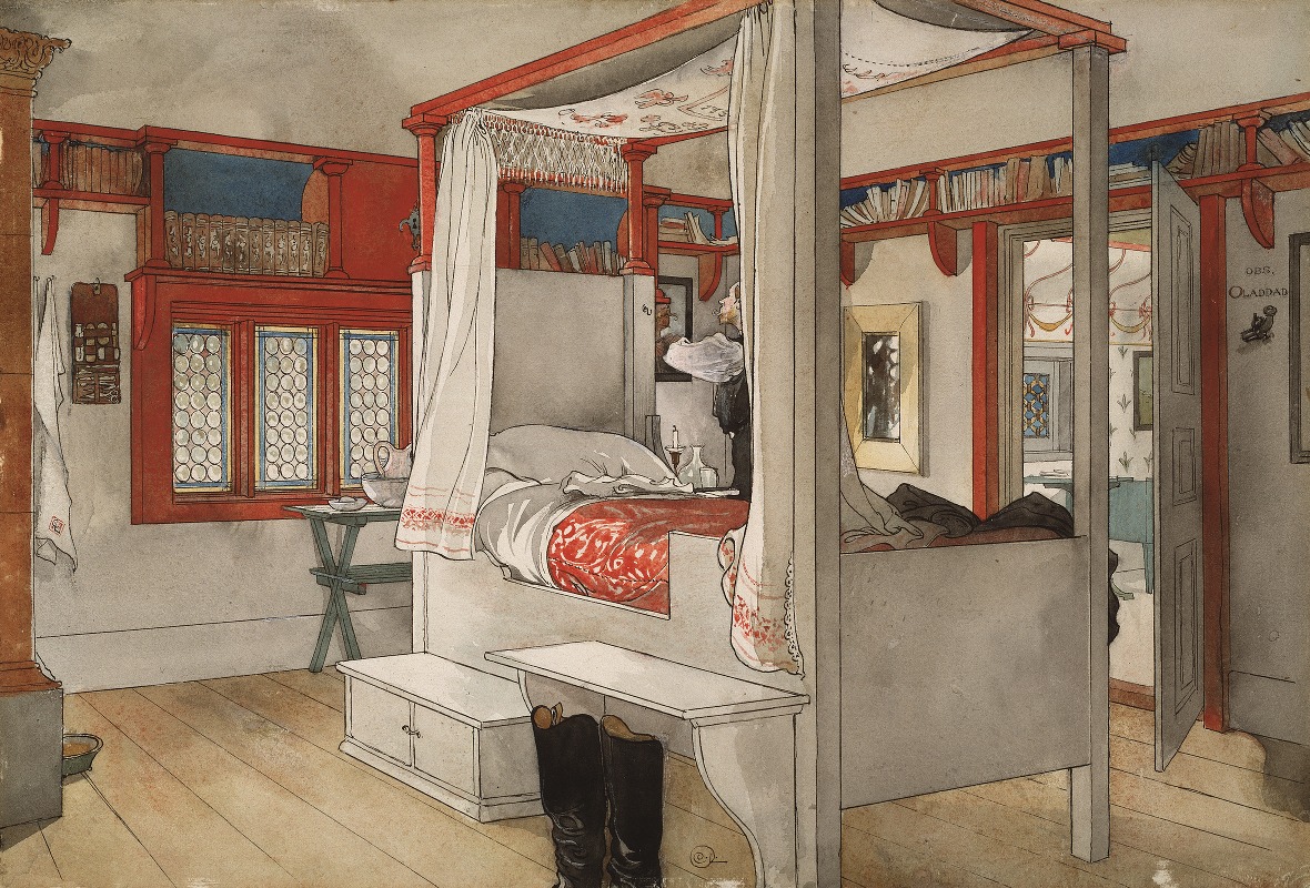 the painting depicts the interior of a bedroom. a canopy bed with white curtains and a red and white patterned bedspread dominates the scene. the bed is framed by a red trim and bookshelves. a window with leaded glass is on the left wall, with a small table next to it holding a washbasin and water pitcher. a white bench sits at the foot of the bed, with a pair of black boots in front of it. an open door leads to another room, revealing a mirror, a patterned wall, and a blue table. a man stands next to the bed. the room has white walls and a wooden floor.