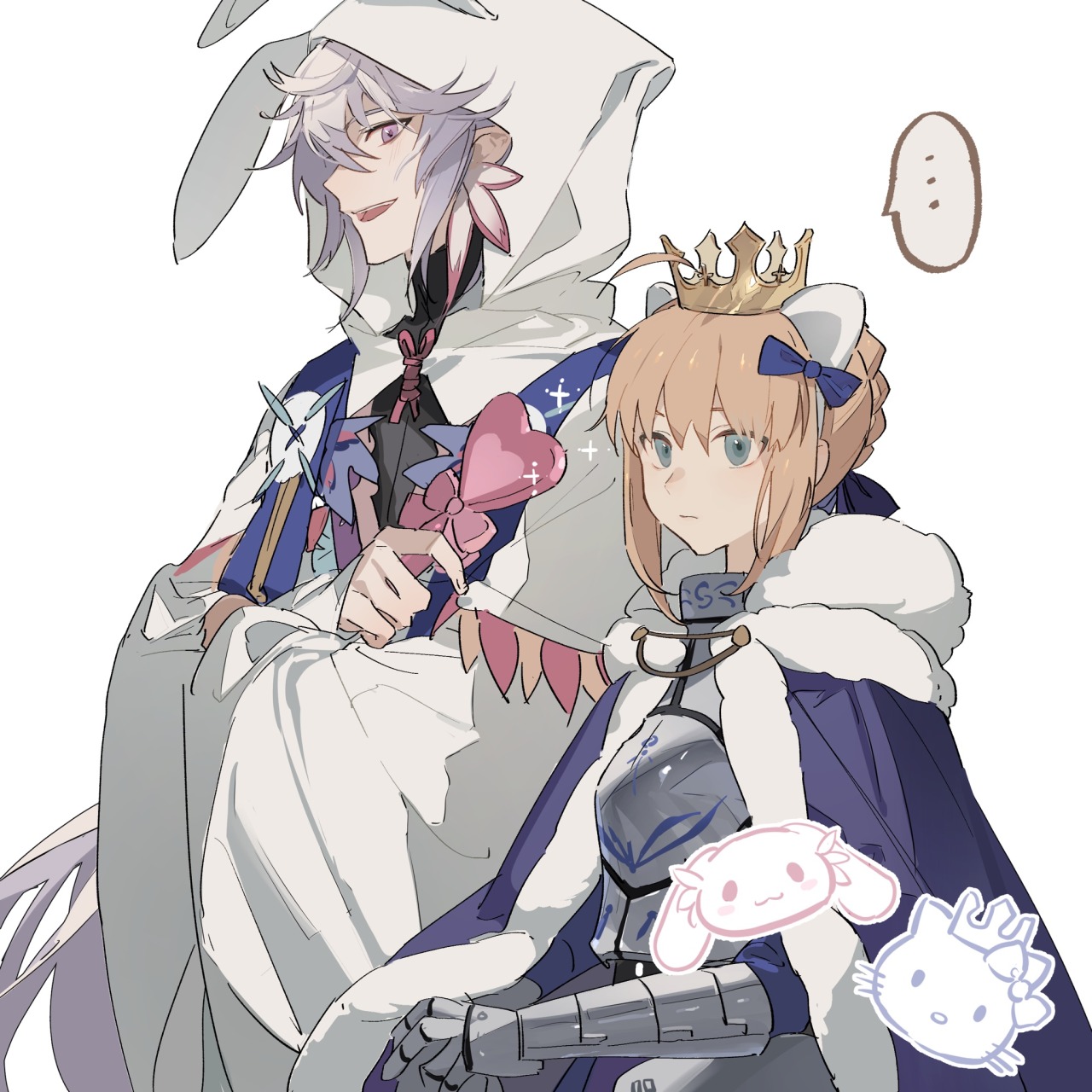 the image shows an anime style illustration of a couple. the man is wearing a white bunny suit and has a playful expression. the woman beside him is wearing a crown and armor, with cartoon characters attached to her armor. there's a speech bubble above the woman's head with three dots inside.