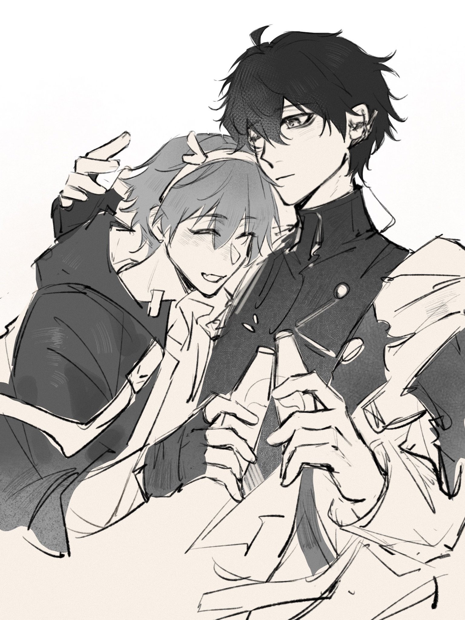 a black and white sketch of two anime characters, a male and a female, in a loving embrace. the male has