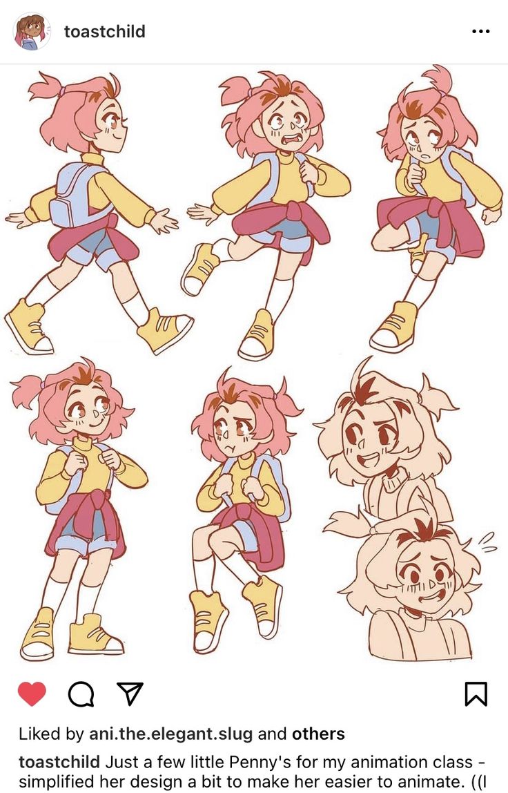 this image shows a collection of different poses and expressions for a cartoon girl character. the girl has pink hair, wears a yellow shirt, a red skirt, and blue shorts. she carries a blue backpack. each pose shows different angles of the body and expressions. this character design might be for animation.