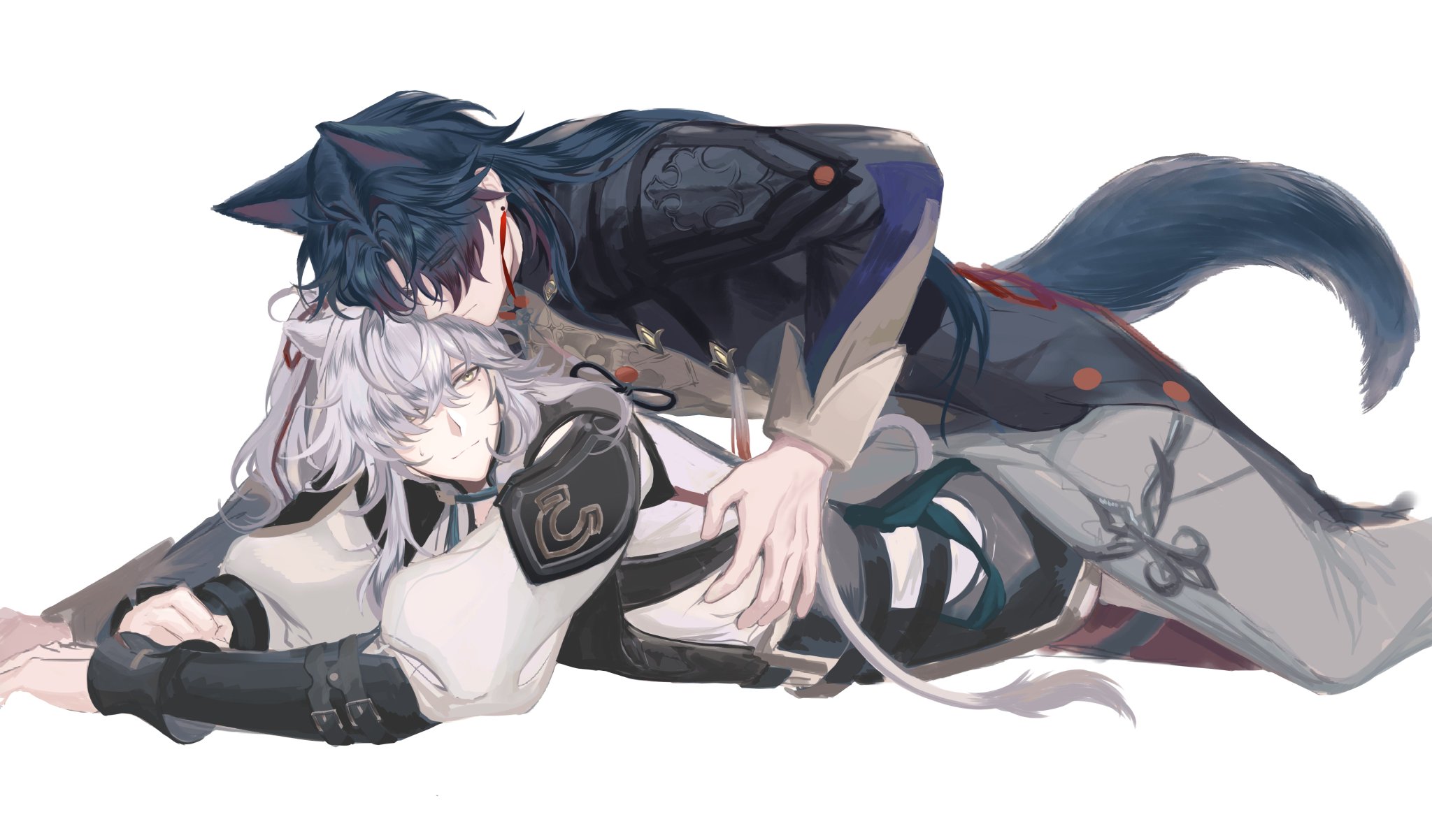this digital illustration shows two anime boys with wolflike features, laying down and cuddling. the boy with black hair and ears is on top, gently resting his chin on the other boy's head. the boy with white hair and ears is smiling and appears to be happy to be embraced. both are wearing intricately designed clothing and armor. the background is a solid white.