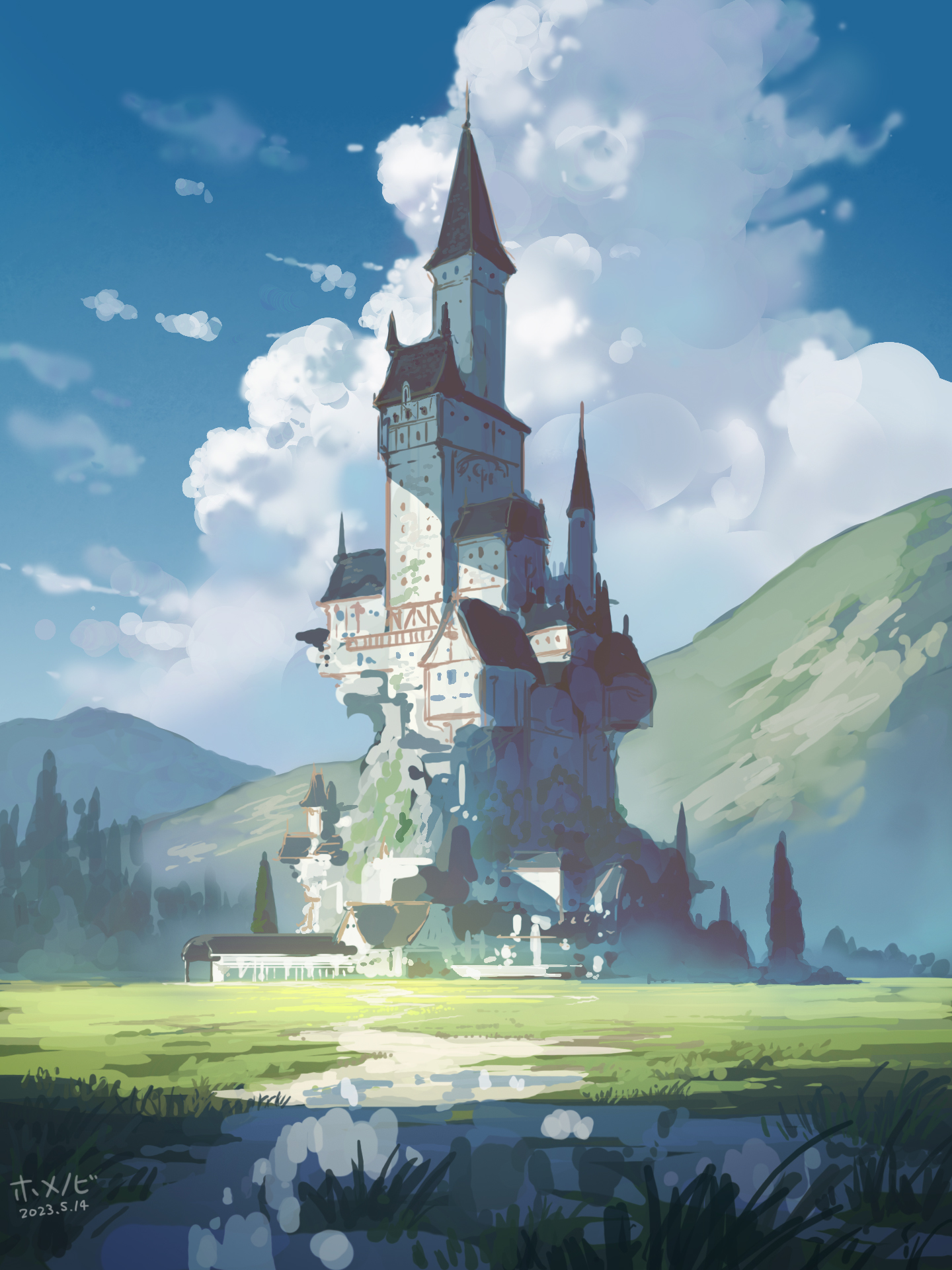 the image is a digital painting of a whimsical fairytale castle nestled into a rocky outcrop.  the castle is tall and slender with a central tower and several smaller towers.  it's lightcolored stone, with dark accents, and appears to be built organically into the landscape. the surrounding landscape is a peaceful, green meadow with gently rolling hills and mountains in the background. the sky is bright blue with fluffy white clouds. the overall style is soft and painterly, creating a dreamy and enchanting atmosphere.
