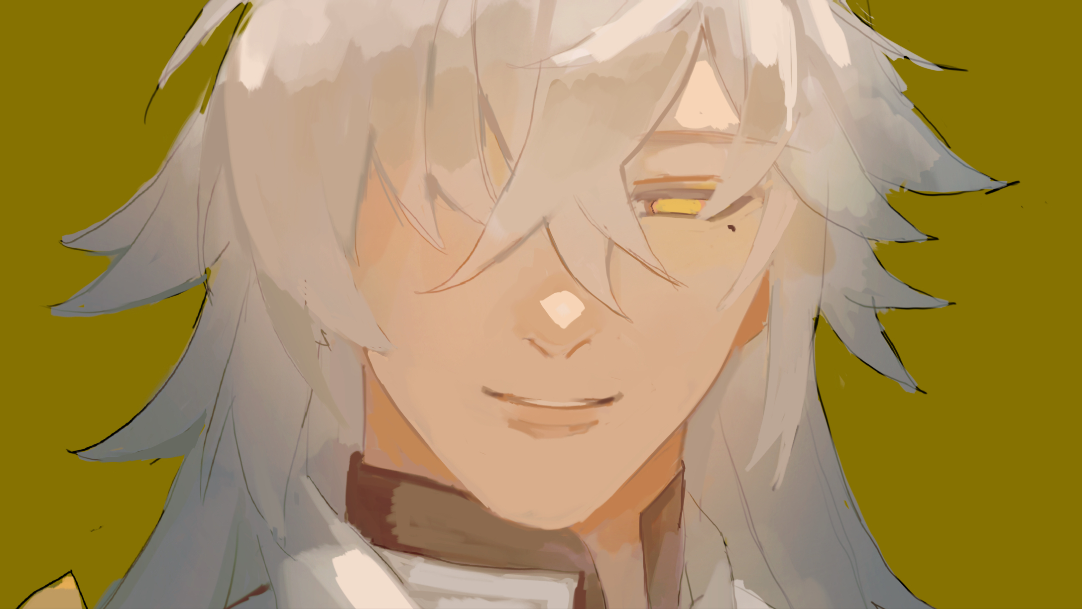 a digital painting of a young anime male with white hair. he has his eyes closed as he smiles and looks towards the viewer. his hair is covering one side of his face. he is wearing a white garment with a brown collar. the background is a solid yellow.