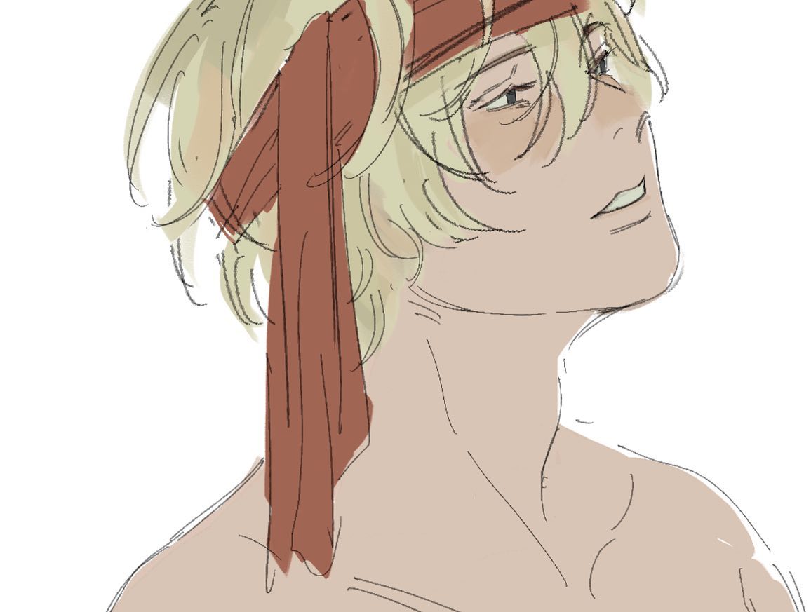 a digital sketch of a man with blond hair wearing a red bandana, he is looking up and smiling with a serene expression. the drawing has a simple line art style with some shading and light highlighting.