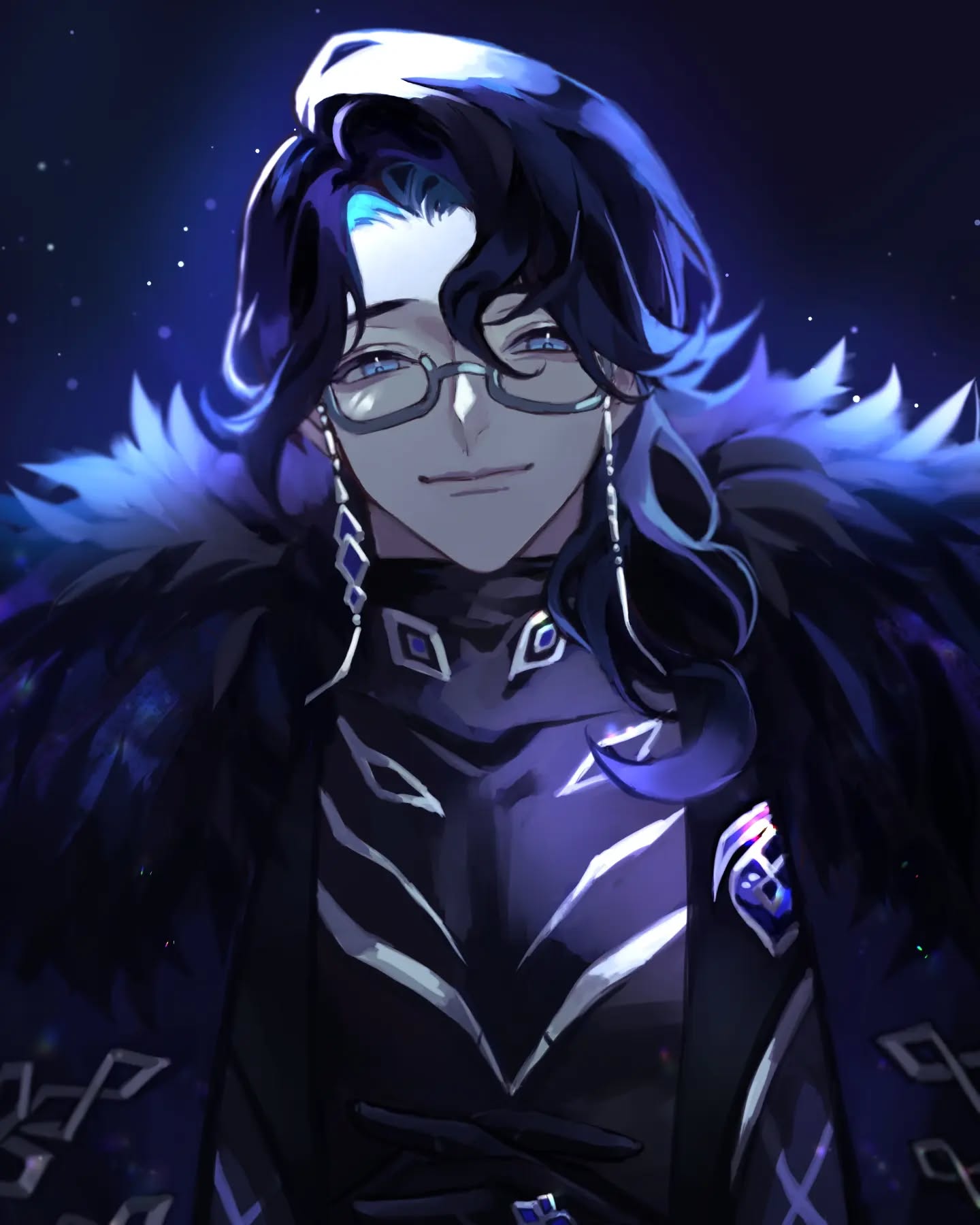 the image is a digital fanart depicting a male anime character. he has long, dark blue hair, wears glasses, and is dressed in an elegant, darkcolored outfit with a fur collar. the style is sophisticated and mysterious, with a color scheme of dark blues and purples. the background is a dark night sky with stars. the character has a subtle smirk, giving a confident and somewhat enigmatic expression.  the art style is highly detailed, with a focus on the character's attire and expression. the overall atmosphere is one of fantasy and intrigue.
