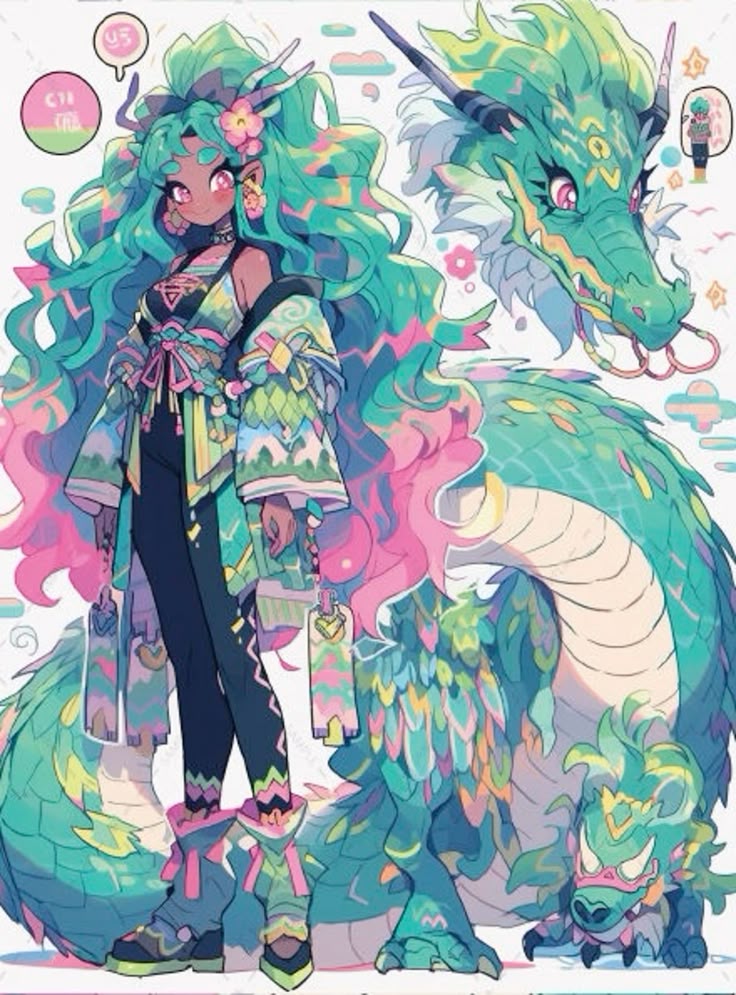 the image features an animestyle girl standing next to a large, intricately designed dragon. both the girl and the dragon share a color palette of teal, green, and pink, creating a cohesive and fantastical aesthetic. the girl has long, flowing teal hair with pink accents, adorned with floral accessories and horns. her skin is dark, and her eyes are pink. she is wearing a patterned outfit with matching colors. the dragon is similarly colored, with a detailed scale pattern and a long, serpentine body. a smaller dragon companion sits near the larger one, completing the whimsical and orientalinspired scene. the art style is reminiscent of a cartoon, with vibrant colors and intricate details.