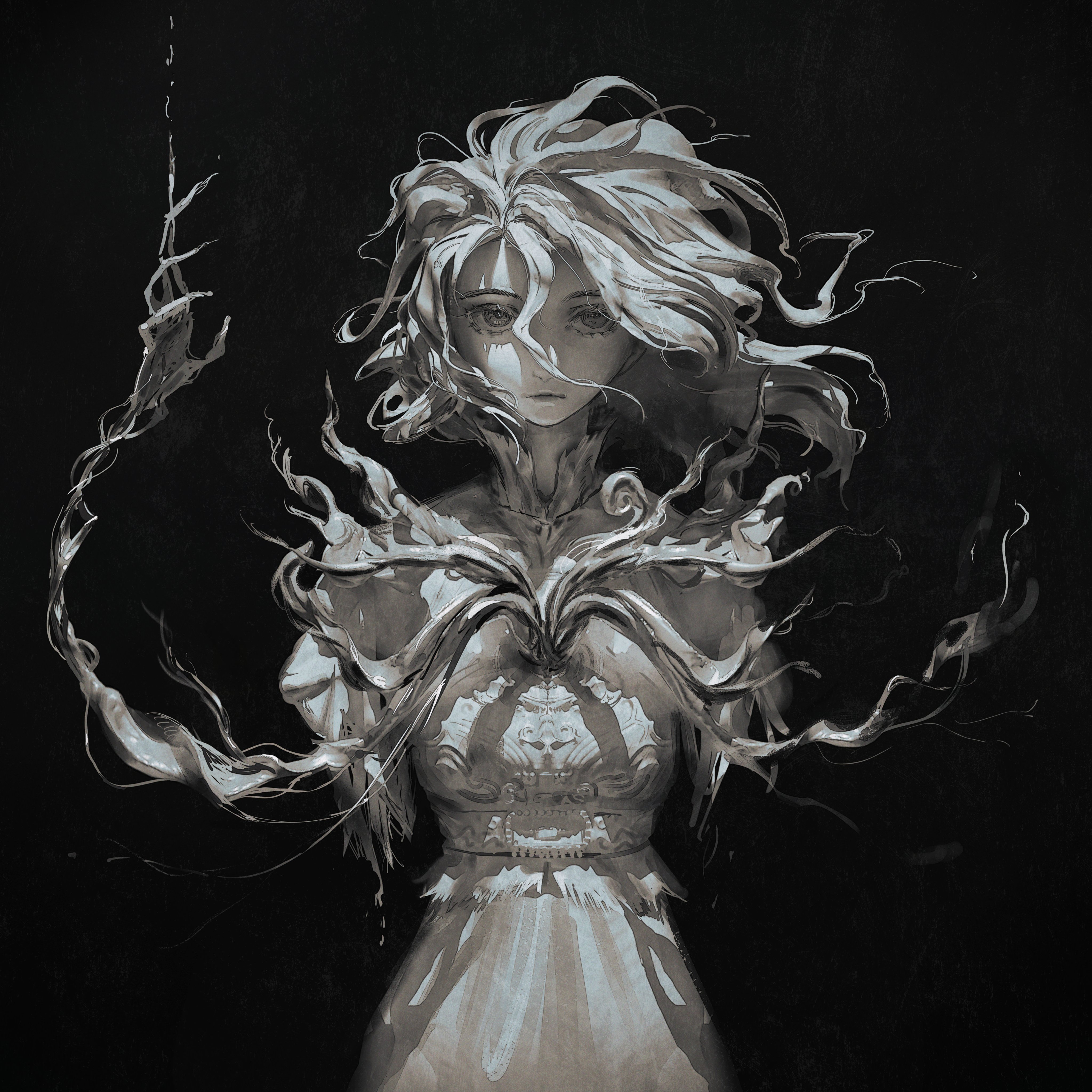 a portrait of a girl with long, flowing hair. she is dressed in a white dress and has a sad expression on her face.  the background is dark and mysterious, and the girl appears to be a creature of fantasy.