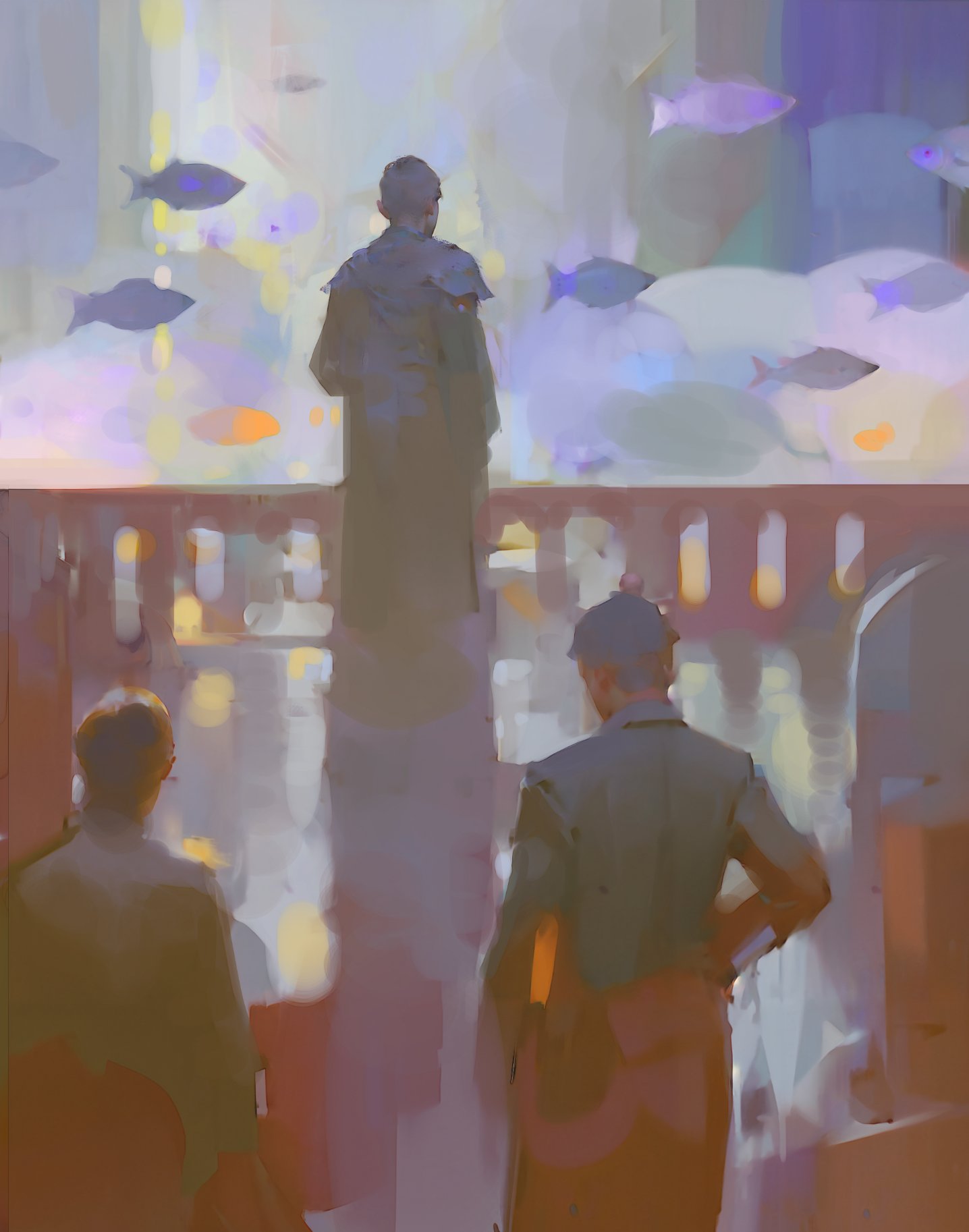 a painting of people standing in front of a large tank filled with fish. the tank is brightly lit and the fish are swimming around in a swirling motion. the people are standing still and are looking at the fish. the painting is abstract and has a dreamlike quality.