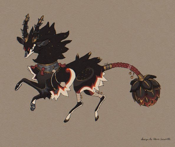an illustration of a stylized, deerlike mythical creature with black fur. it has unique ornamental features including intricate horns with gold accents, a decorative collar with tassels, and a tail resembling a braided rope with a flowerlike end. the creature has lightcolored markings and is posed in a semianimated stance.