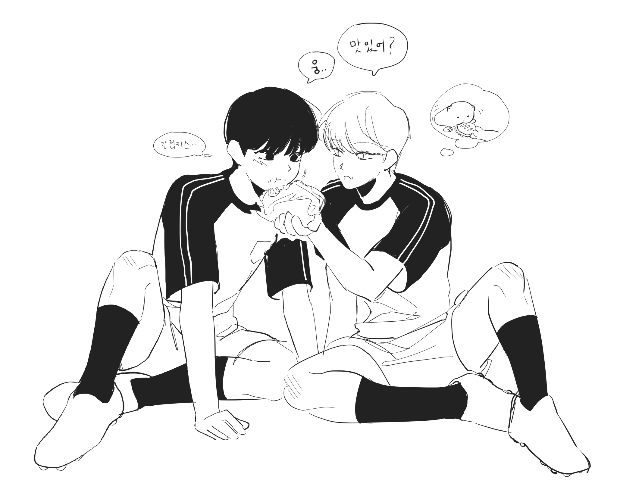 two boys are sitting together, with one of the boys eating what appears to be a hamburger. they are both wearing athletic uniforms and they are both looking at the hamburger in a closeup, intimate way. the drawing is in black and white and has a sketchy style.