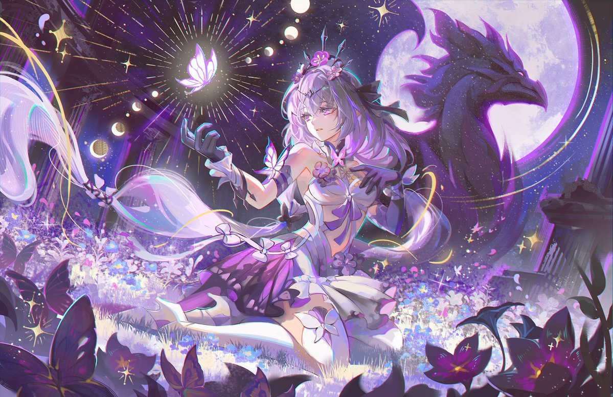 an anime girl with long, flowing purple hair, wearing a white and purple dress adorned with flowers and ribbons, sits in a flowerfilled meadow under a starry night sky. she wears gloves and a crown of flowers, and a butterfly hovers near her outstretched hand. behind her, a large dragon looms against the backdrop of a full moon. stars, sparkles, and light rays fill the air, creating a magical and ethereal atmosphere. the scene also features a series of lunar phases in the upper left corner. the overall mood is dark, mysterious, and fantastical.
