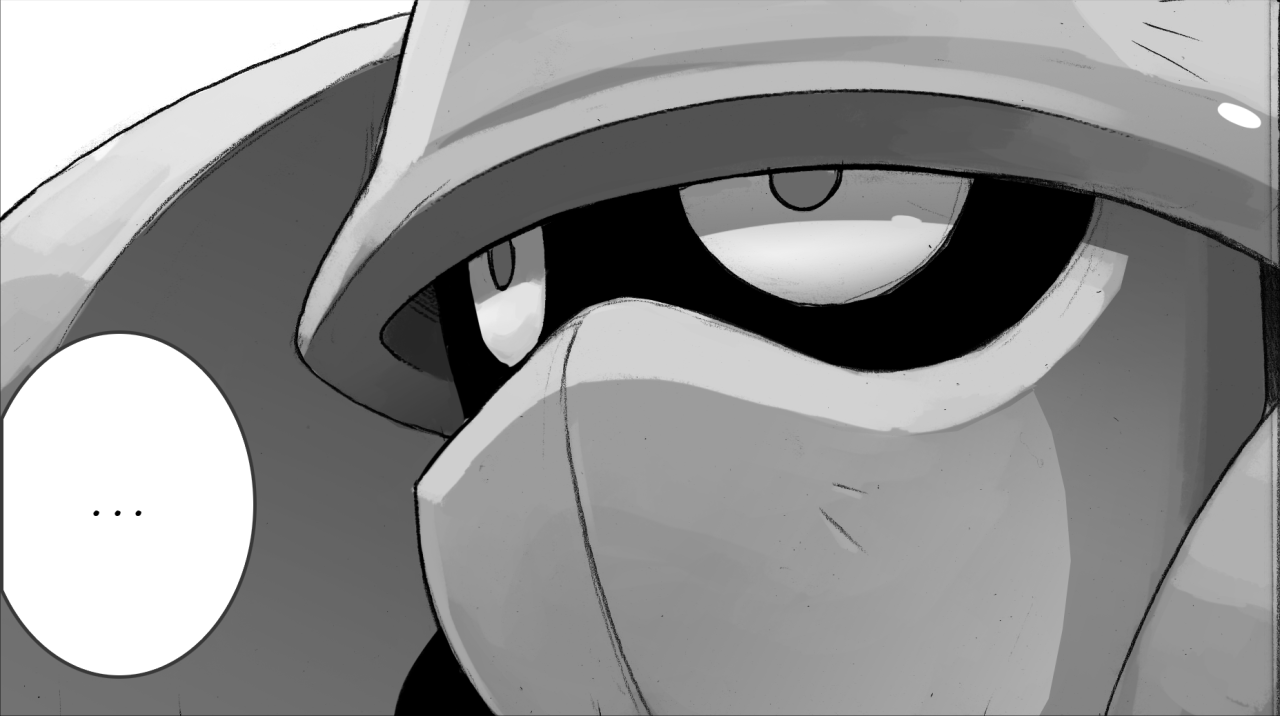 a black and white, closeup image of a robot's face. the robot has a large helmet and its eyes are glowing. there is a speech bubble in the lowerleft corner, indicating that the robot is about to speak. the background is white.