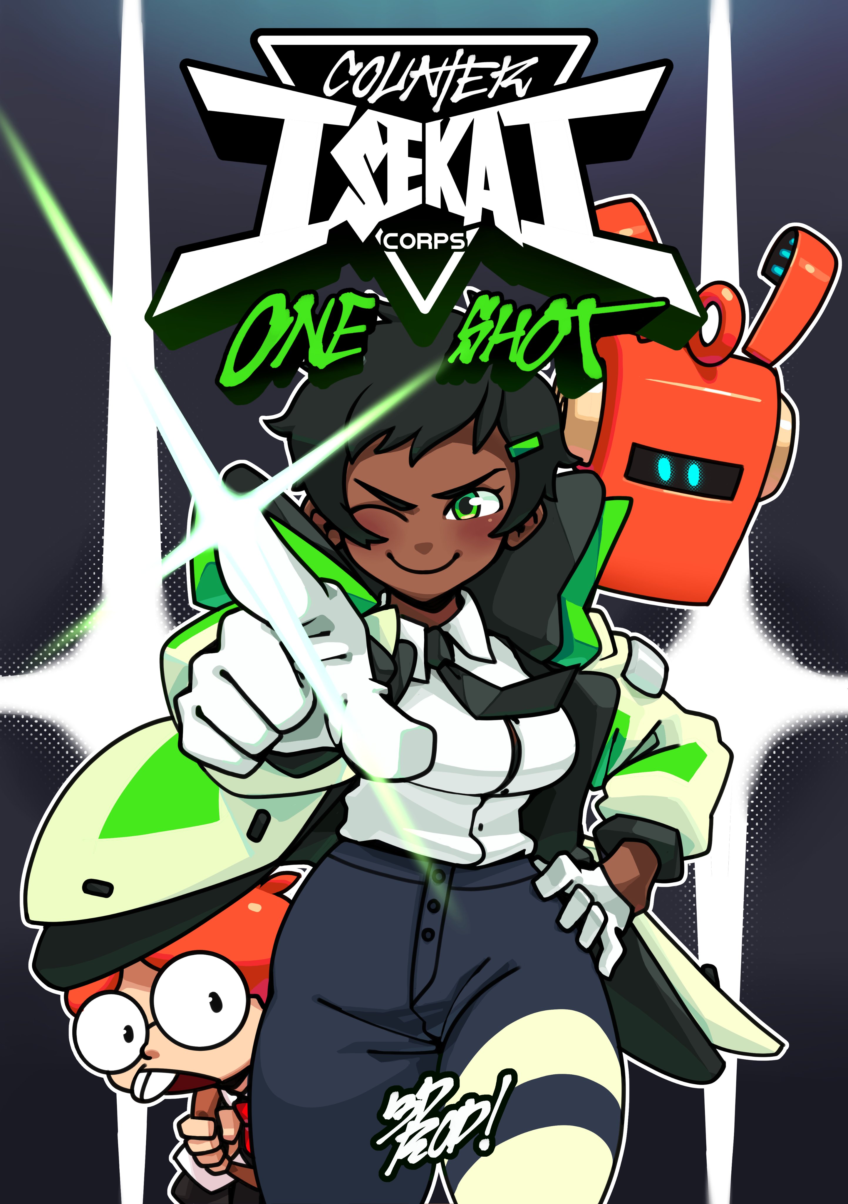 this is an illustration featuring a female anime character wearing a white shirt, black jacket and blue pants. she has short black hair, brown skin and green eyes. she's in a combat pose and pointing a glowing gun/sword like weapon at the viewer. behind her is a stylized logo that reads "counter isekai corps, one shot". behind her, there's a red, robot like creature with a small, white, robot like character peeking out. the background is a combination of black and white light streaks.