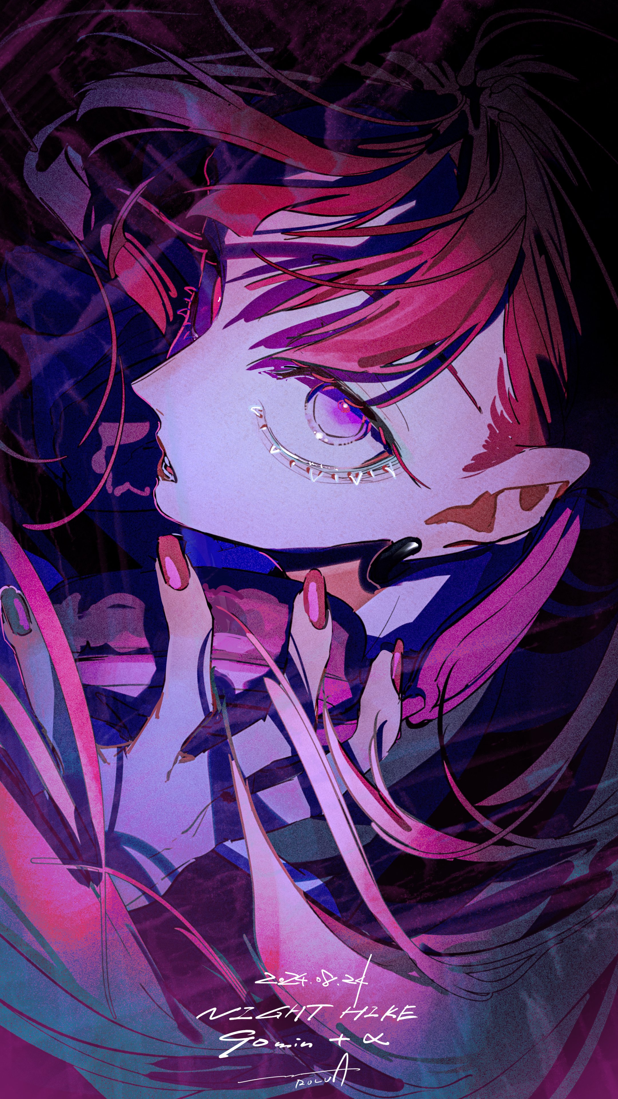 a digital illustration of an anime girl with pink hair and purple eyes. she has a dark, mysterious expression and is wearing dark clothing. the background is a dark purple color with a few neon highlights. the image is stylized in a goth and cyberpunk aesthetic and titled "night hike" with the signature "gomima + α".