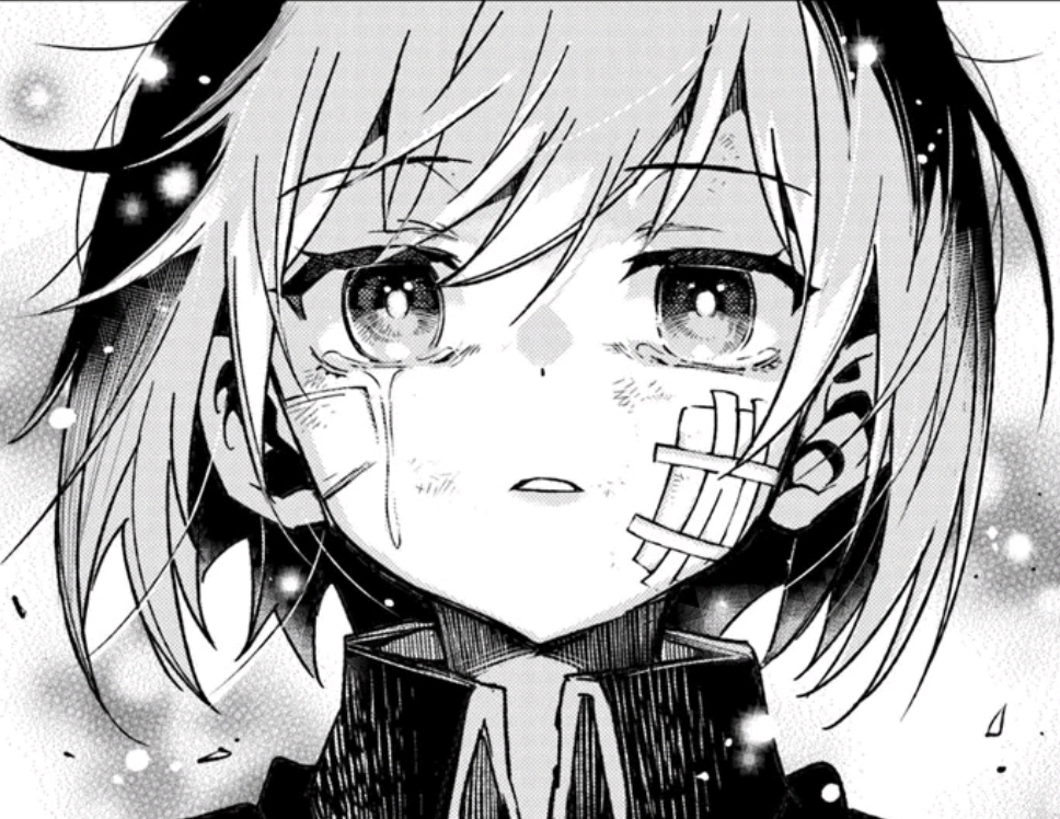 a black and white closeup of an anime/manga character with short hair and bandages on their face, with tears running down their cheeks, conveying a sense of sadness.