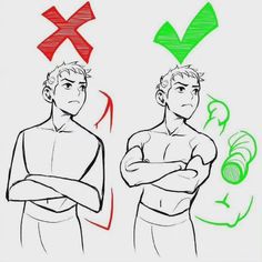 the image shows a "howto" art reference comparing two ways to draw a man with his arms crossed.  the drawing on the left, marked with a red "x", shows the man's arms stiffly crossed with his hands tucked under.  the drawing on the right, marked with a green checkmark, shows a more natural pose with the man's hands in fists and more of his musculature defined.  the green checkmark and red "x" indicate the right and wrong ways to achieve a more natural pose, respectively.