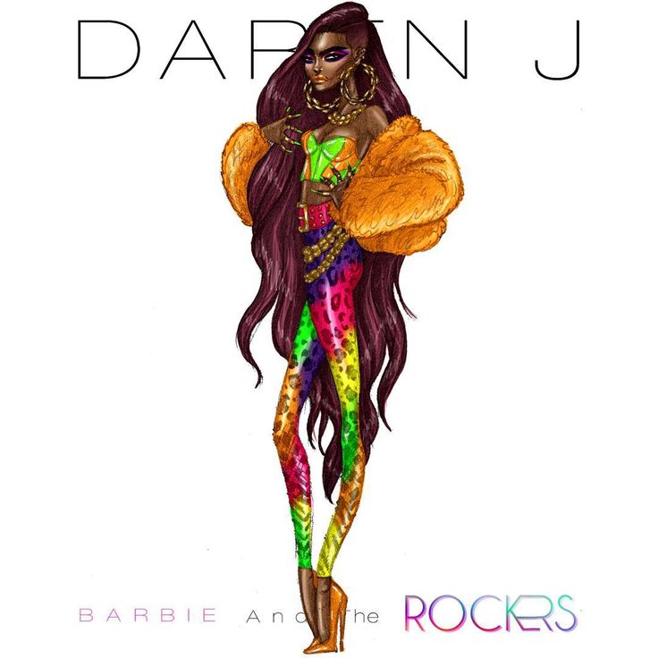 a colorful fashion illustration of daryn j from barbie and the rockers. she is wearing multicolored leopardprint leggings, a neon green corset, an orange fluffy jacket, and has large gold hoop earrings and long brown hair. the words "daryn j" are above her, and "barbie and the rockers" are below.