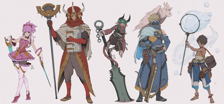 he image showcases a collection of diverse fantasy character designs, possibly for a video game or other visual media. each character boasts a unique aesthetic, with varying attire, weapons, and accessories. the styles blend elements of both eastern and western fantasy, suggesting a rich and detailed worldbuilding process.  the art style is clean and polished, featuring a muted color palette with clear outlines and subtle shading. the characters range from a seemingly powerful, redrobed mage wielding a large staff, to a more nimble warrior wielding dual blades.  there's a monklike figure with a unique weapon and a mysterious individual holding a net. a smaller, mischievous character is also present.  the level of detail in the character design, particularly in the clothing and weaponry, indicates a high level of artistic skill. the composition showcases the characters against a plain lightgrey background. the illustration style suggests preliminary concept art, possibly for a roleplaying game or similar project.