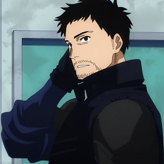 the image shows the torso of a man with short black hair and stubble. he's wearing a dark blue, highcollared outfit with silver accents. the outfit resembles armor plating, especially on the shoulders and upper arms. he is also wearing a long glove on his right hand, which he has raised to his ear, as if listening to something. he has a serious expression on his face. the setting appears to be indoors with a teal door visible in the background, suggesting a modern environment. the lighting is bright and highlights the character against the muted background.