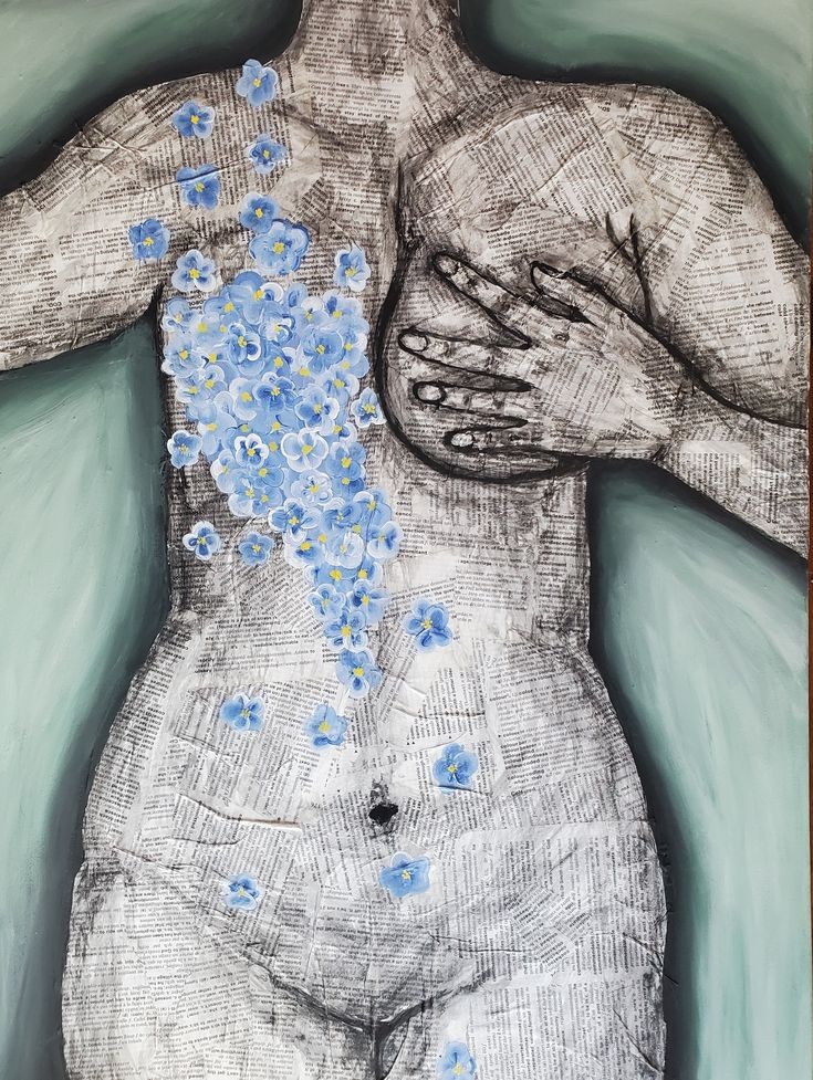 the image is a mixedmedia artwork depicting a female nude torso. the body is rendered using a collage technique incorporating pieces of newspaper, creating a textured, almost fragmented surface.  charcoal or a similar dark medium outlines the figure, giving it a somewhat ghostly or ethereal quality.  a cluster of painted blue forgetmenot flowers cascades down the torso from the chest area.  one hand rests gently on the breast, suggesting a sense of introspection or selftouch. the background is a muted teal or greengray. the overall style is abstract and figurative, suggesting themes of vulnerability, body image, and perhaps memory or loss (given the forgetmenots and newspaper collage). the piece is likely a statement about the female form and the complexities of selfperception.