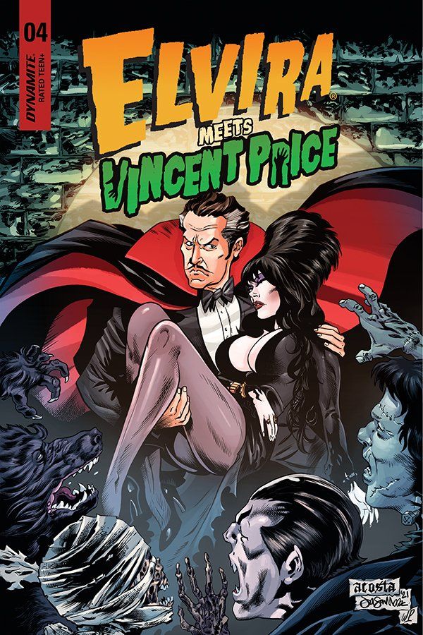 this is the cover art for the comic book elvira meets vincent price. the cover features elvira holding vincent price in her arms, with a group of monsters in the background.  elvira is wearing her signature black dress and wig and has a mischievous look on her face, while vincent price is looking down with a concerned expression. the monsters in the background include a werewolf, a mummy, and frankenstein's monster.  the cover is drawn in black and white and has a gothic and spooky feel.