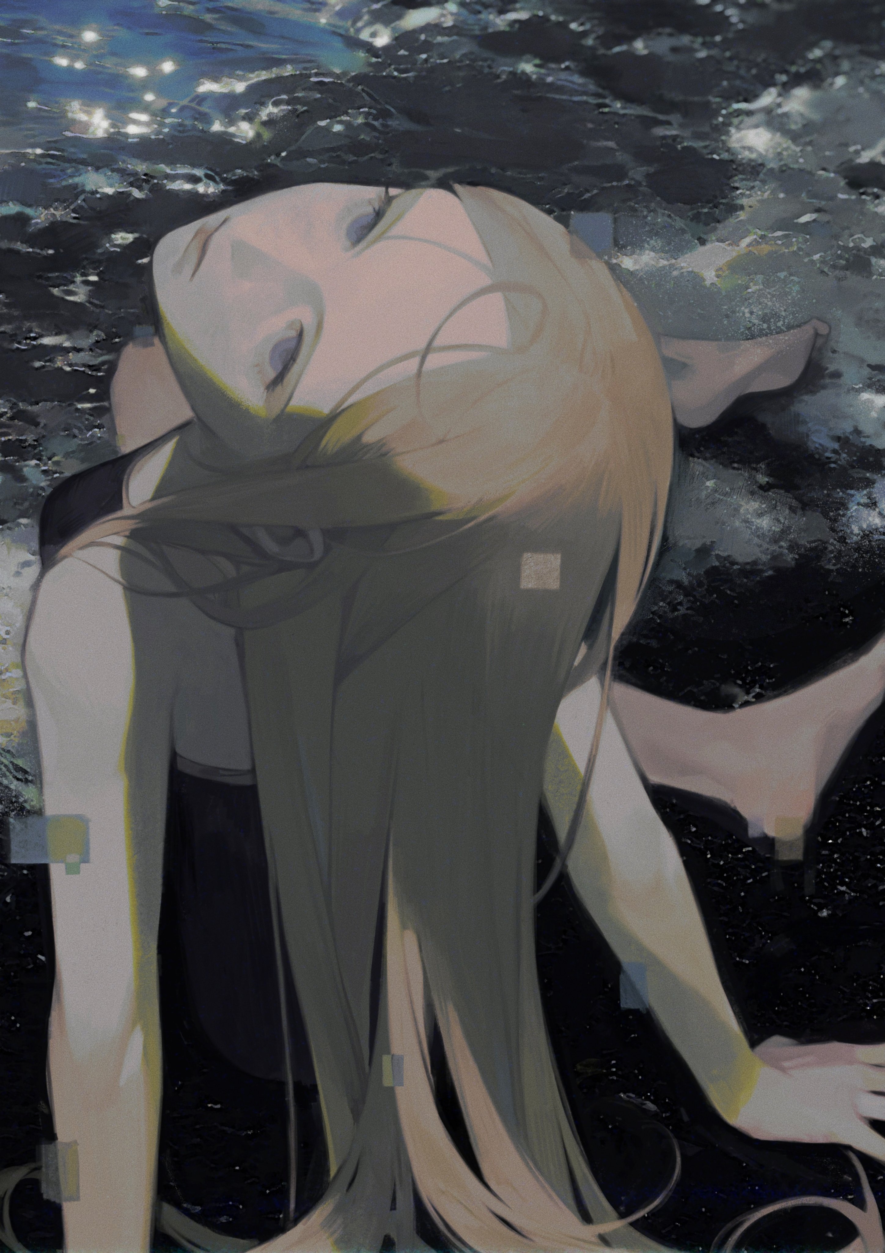 the image is a digital illustration of a young woman with long blonde hair, blue eyes, and a black swimsuit. she is lying on her side in the water, looking up at the sky. the water is dark and choppy, and the sky is a soft blue. the woman's expression is sad and melancholic. her hair is flowing in the wind, and she looks like she is lost in thought. the image is very beautiful and ethereal, and it evokes a sense of mystery and sadness.