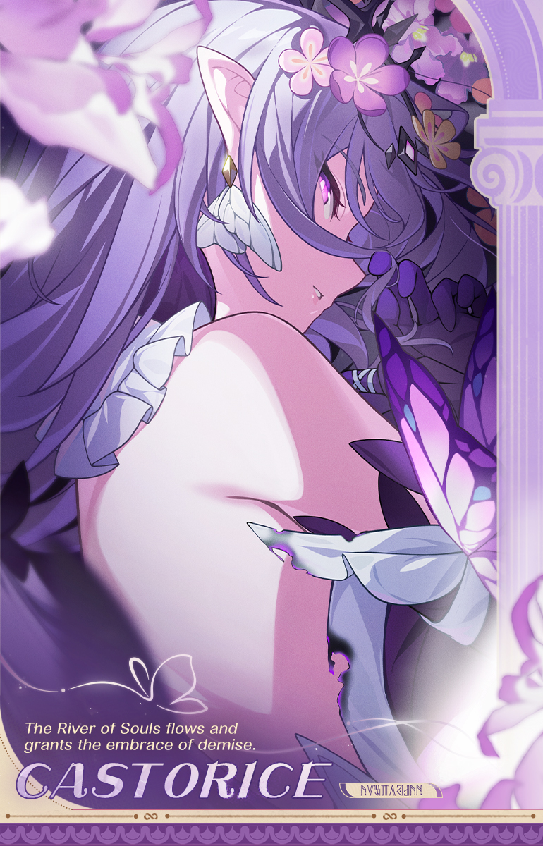 he image is a stylized animestyle portrait of a young woman with long purple hair, elf ears, and ornate butterflylike accessories. she is dressed in a flowing purple and white dress adorned with flowers.  she is partially turned away, showcasing her back and shoulder. the background features purple flowers and a decorative frame. the text "castorice" is prominently displayed, along with a caption that speaks of a "river of souls" and "embrace of demise". the overall mood is ethereal and mystical, evoking a sense of fantasy and possibly a darker, more melancholic theme. the art style is highly detailed and polished, with soft shading and vibrant colors.
