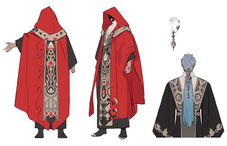 the image depicts a character design for a male anime character. the design features a hooded cloak with intricate details and a robe adorned with intricate patterns. the character is depicted from multiple angles, showing the details of the clothing and accessories.  the overall style is fantasyinspired and detailed. the character's hair color is blue, and the outfit is black and red with gold embroidery. the character appears to have a necklace and earrings.