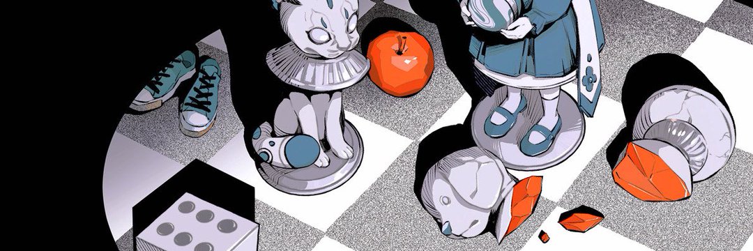 an illustration of a checkerboard.  the board is mostly white, with black squares.  the black squares are filled with white polka dots. there are several chess pieces on the board. the pieces include a white king, white queen, white pawn, a red apple, a die and two shoes. the king is a cat, the queen is a girl in a dress, and the pawn is a dog.  the red apple is on the board, the shoes are on the black squares and the die is off the board on the left.