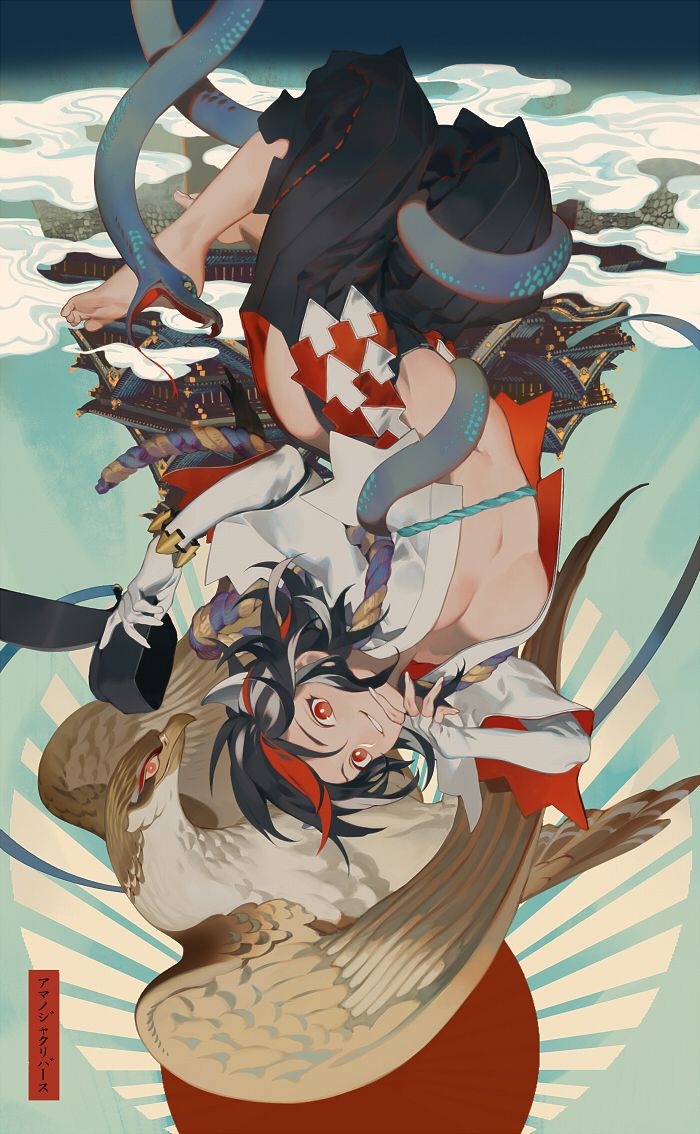 an animestyle illustration features a figure, possibly a male, upside down, riding a hawk. the figure has black hair with red highlights, red eyes, and wears white gloves. they are adorned in a blend of traditional japanese clothing, including a kimono and obi. a snake coils around the figure and a pagoda in the background, set against a sky with stylized clouds. the hawk is detailed and rendered in a realistic style, contrasting with the more abstract background elements. the overall aesthetic is influenced by japanese art styles and fantasy themes.