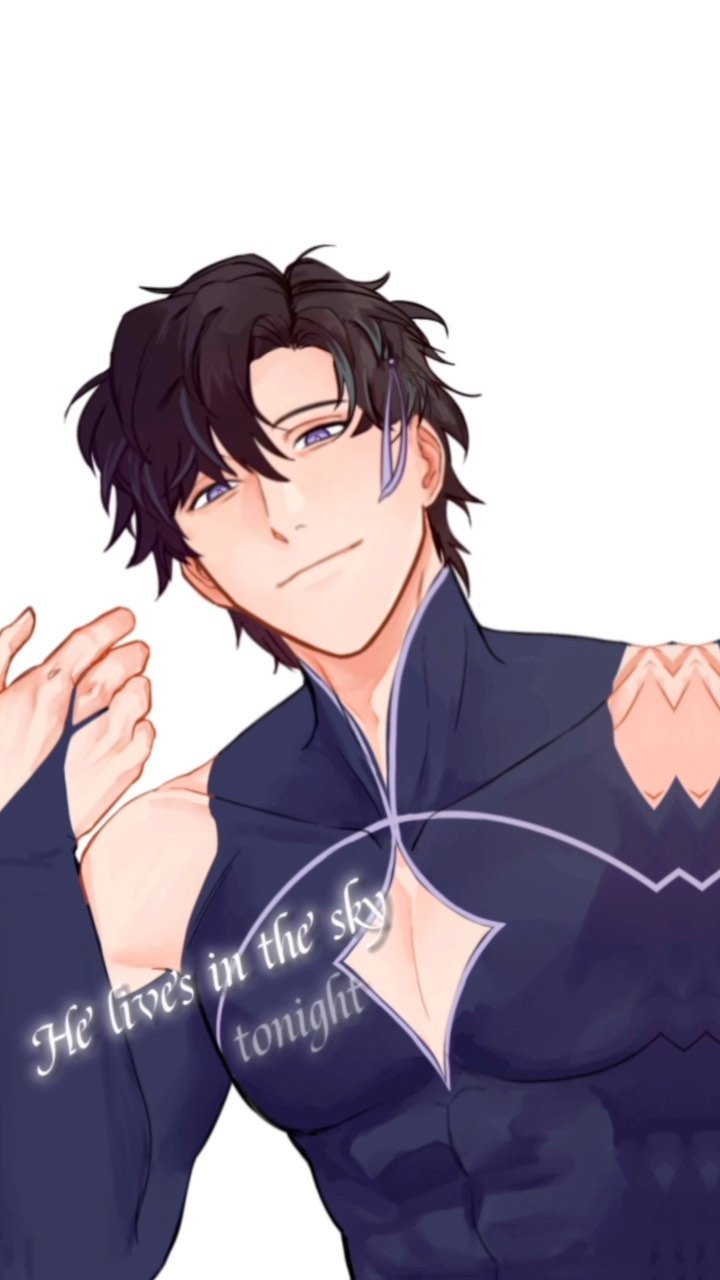 he image is a digital drawing or fanart of a young, handsome animestyle male character. he has dark purple hair, light skin, and striking purple eyes. his expression is a gentle, almost mysterious smile. he's wearing a dark purple and silver outfit that looks somewhat magical or fantasyinspired, with a lowcut neckline showing some chest and muscle definition. the pose is partially turned, with one arm raised in a graceful gesture and the other slightly bent. the background is plain white, drawing focus to the character. a text overlay reads, "he lives in the sky tonight," adding a mysterious, possibly lyrical, element to the piece. the overall style is clean, elegant, and slightly suggestive.