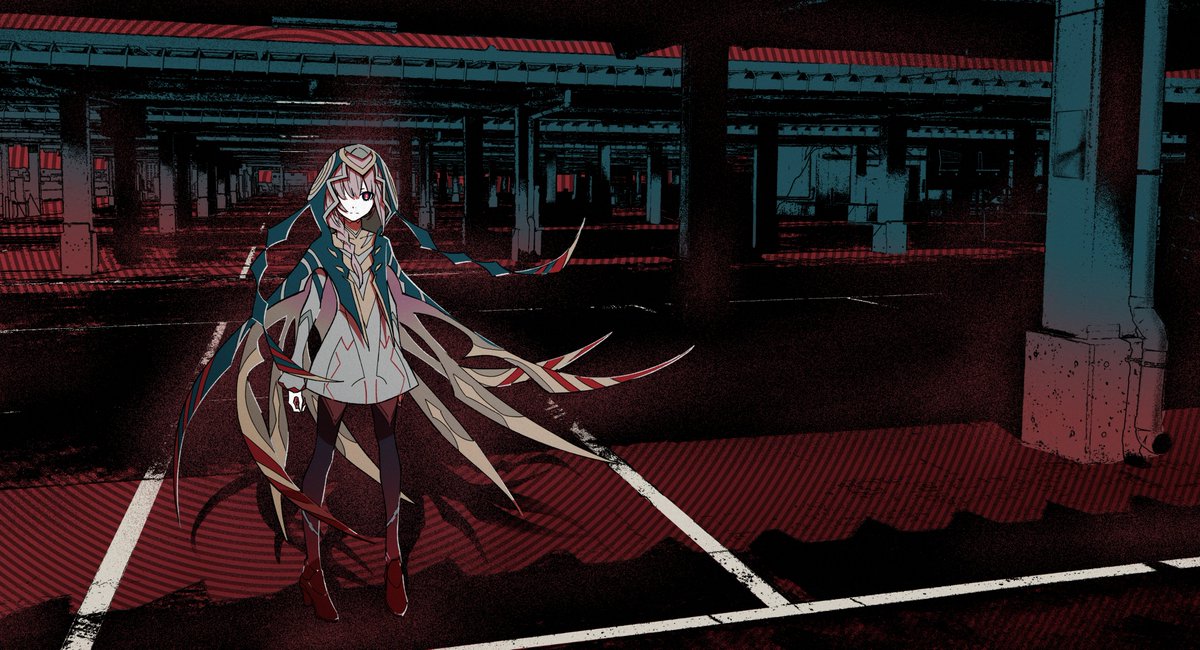 the image depicts a stylized anime girl standing in a dark, empty parking garage.  she's wearing a hooded cloak with elaborate, almost winglike appendages that extend outward. her outfit features a mix of white, teal, and red tones, with geometric patterns integrated into her clothing and cloak design. the parking garage itself is rendered in a grunge style, with a dark color palette dominated by reds and teals, creating a moody and mysterious atmosphere. the overall style is heavily stylized, with a focus on strong lines, texture, and contrast. the girl appears to be alone and isolated within the desolate urban space.